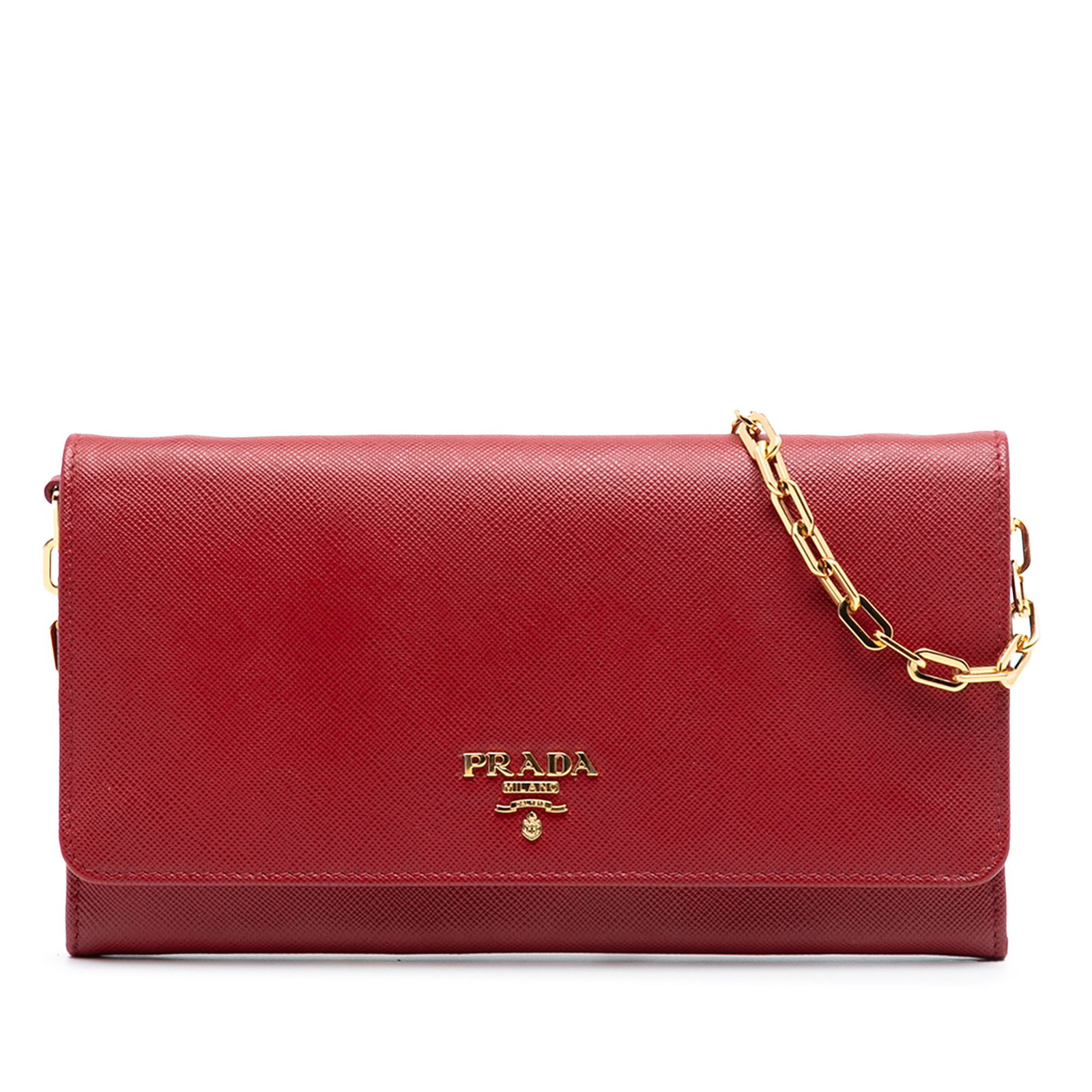 Red Prada Saffiano Leather Chain Wallet with Gold Tone Strap (1 of 7)