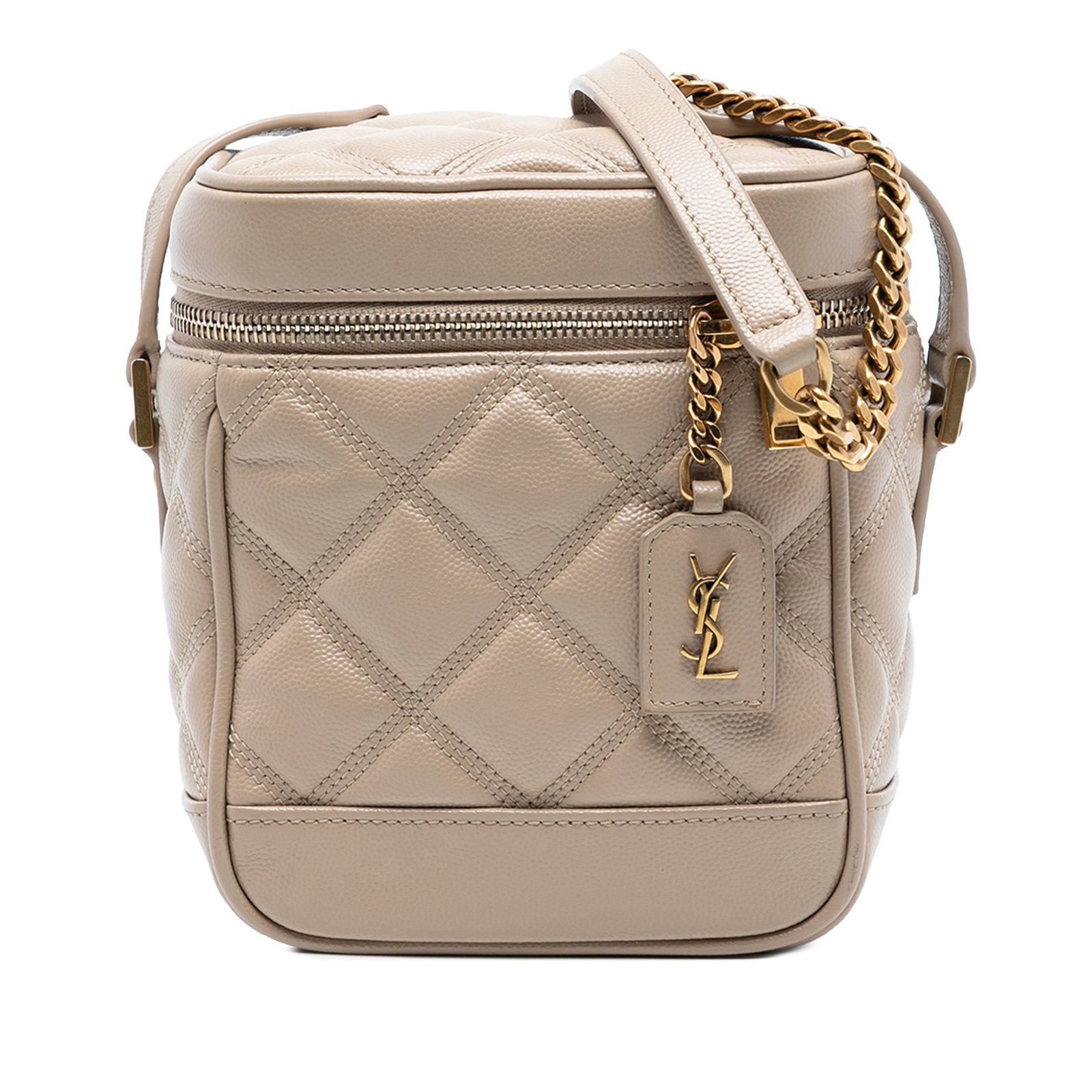 Brown Leather Quilted Vanity Bag with Chain Strap by Saint Laurent: Brown Leather Quilted Vanity Bag with Chain Strap by Saint Laurent This Saint Laurent Grain de Poudre Quilted 80s Vanity Bag features a quilted leather body in brown, an adjustable and detachable chai