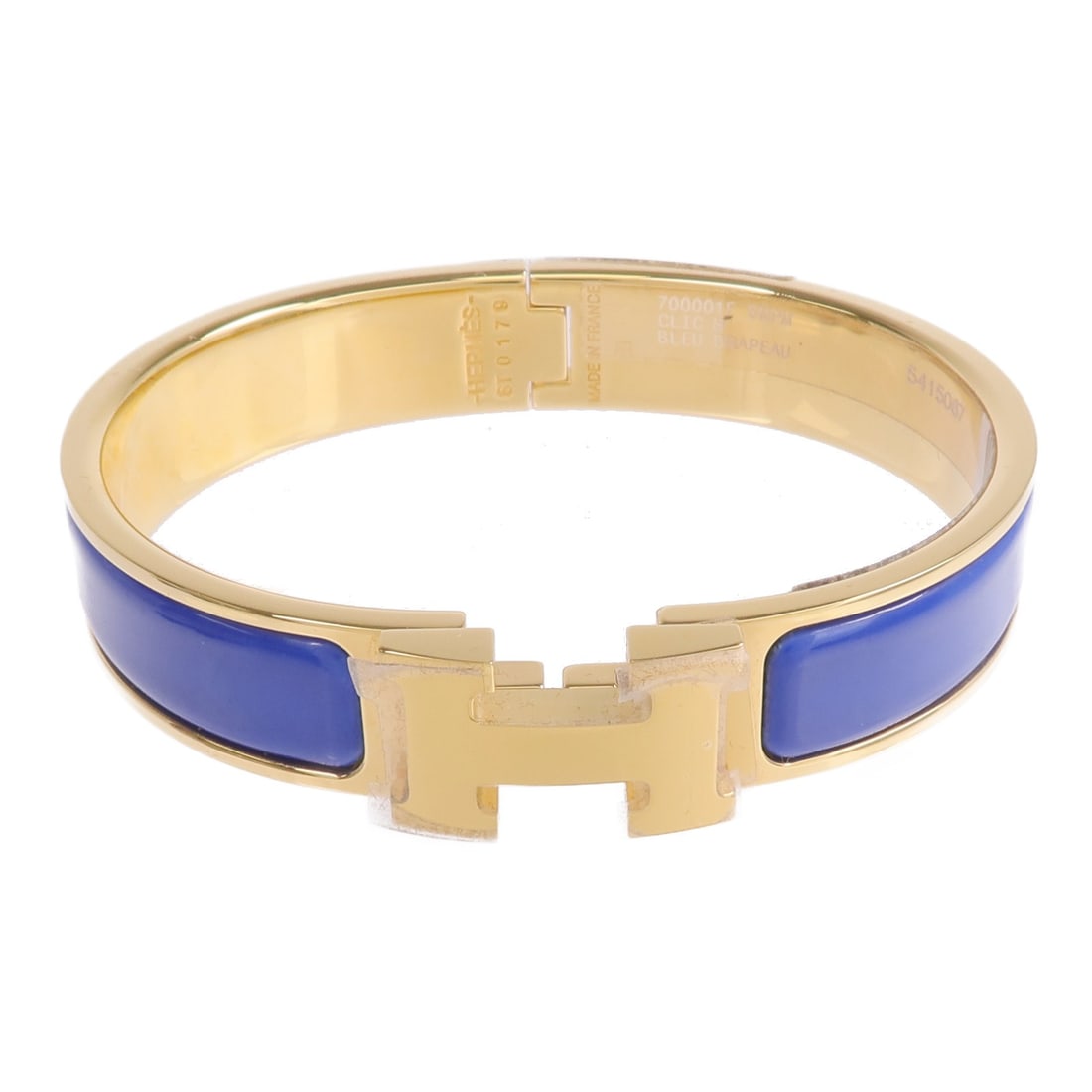 Hermes Blue Enamel Clic H Gold Tone Women's Bracelet: Hermes Blue Enamel Clic H Gold Tone Women's Bracelet This Hermes Clic H bracelet features a blue enamel design with metal accents, crafted for women. It is made in France and showcases a sleek, contem