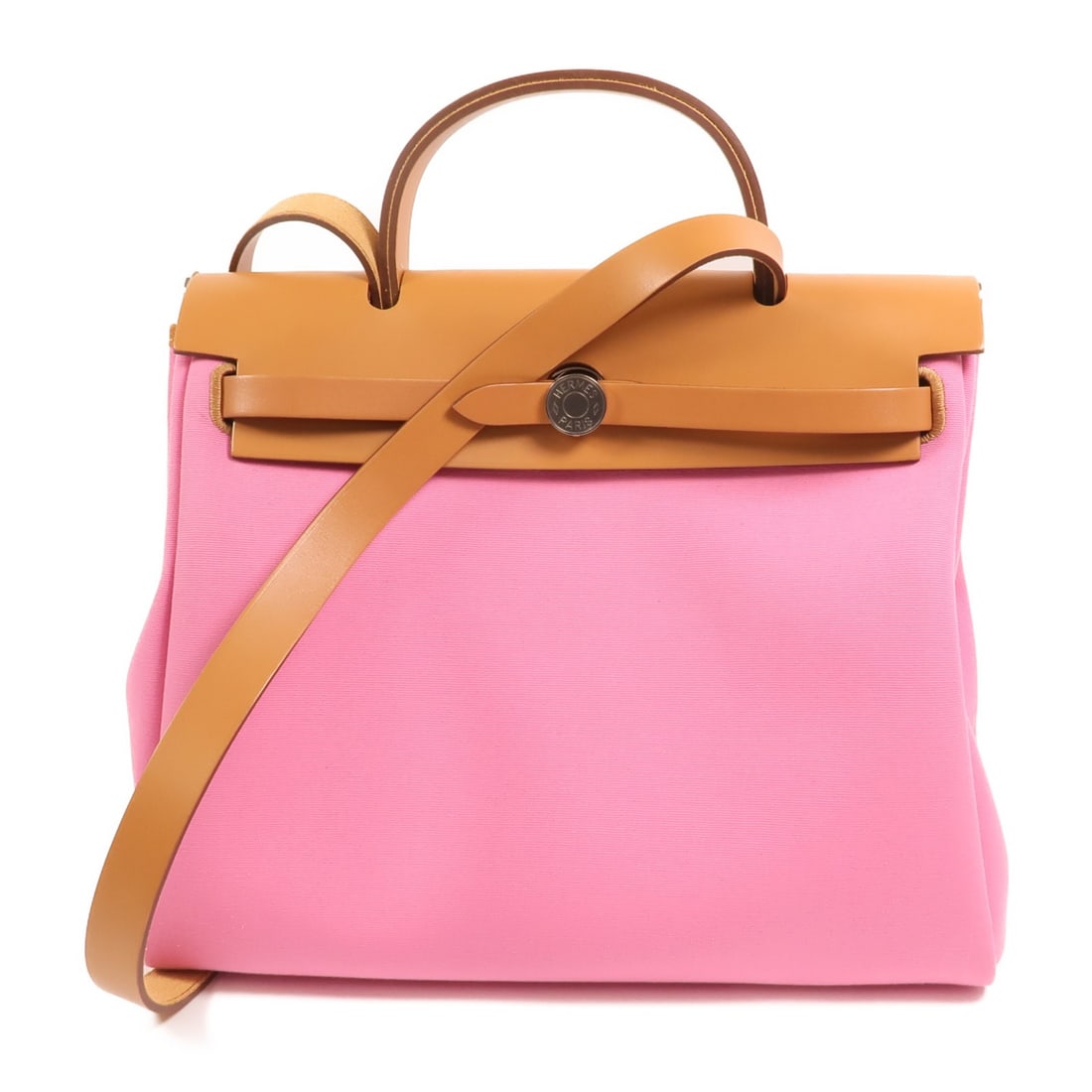 Hermes Herbag PM Pink Canvas Two Way Shoulder Bag with Palladium Hardware: Hermes Herbag PM Pink Canvas Two Way Shoulder Bag with Palladium Hardware This Hermes Herbag PM is a versatile 2-way shoulder bag crafted from pink canvas. Designed for women, it features a regular si