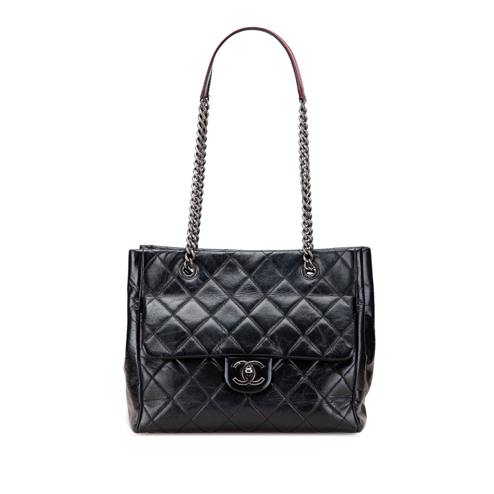 Chanel Duo Color Small Glazed Calfskin Quilted Tote Bag: Chanel Duo Color Small Glazed Calfskin Quilted Tote Bag This Chanel Small Quilted Glazed Calfskin Duo Color Tote features a quilted leather body with a glazed finish, chain link straps with leather sh