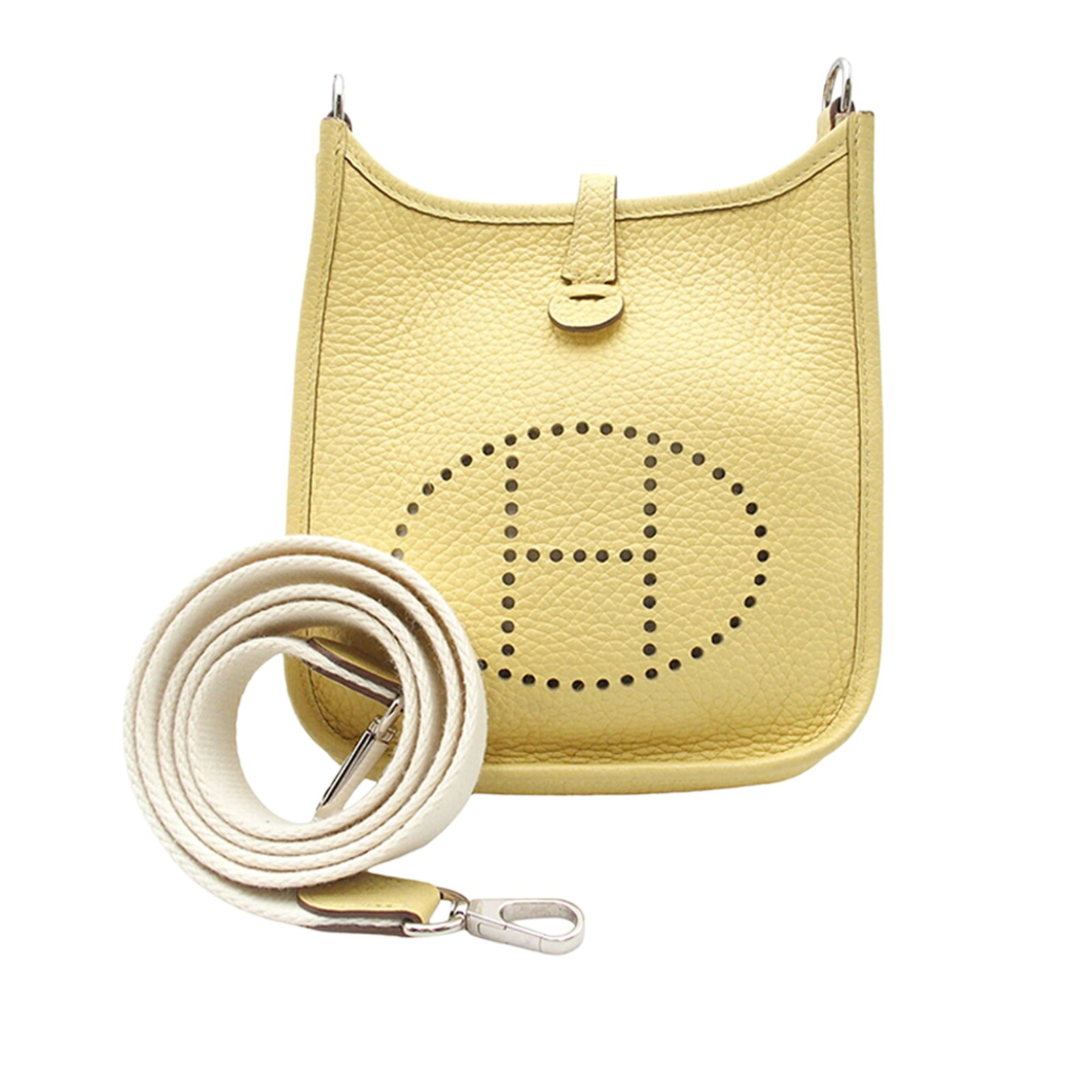 Hermes Evelyne TPM Jaune Poussin Clemence Leather Crossbody Bag: Hermes Evelyne TPM Jaune Poussin Clemence Leather Crossbody Bag The Evelyne TPM showcases a Clemence leather body in Jaune Poussin yellow, featuring a detachable flat strap and an open top with a stra