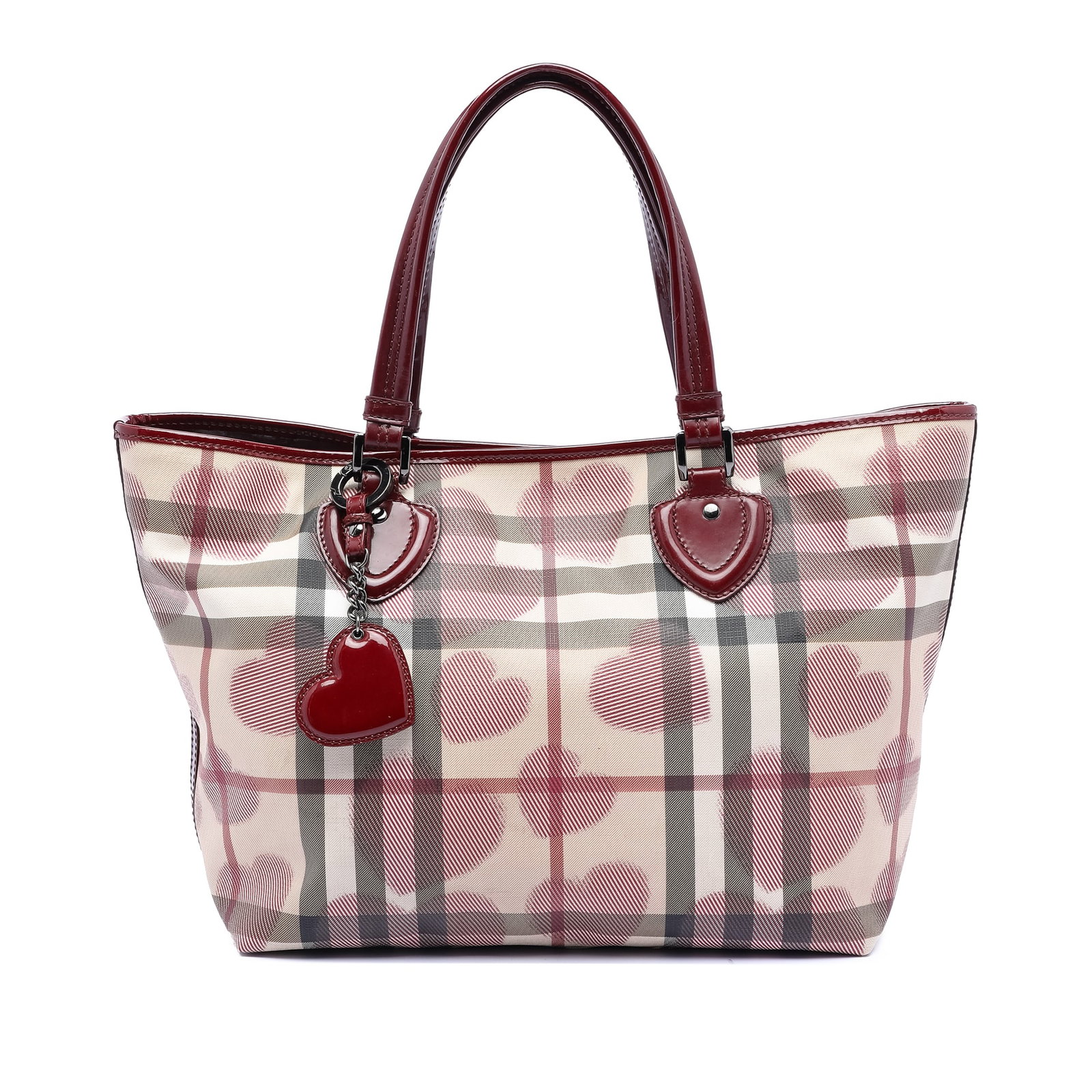 Burberry Gracie Tote Bag with Heart Print on Coated Canvas: Burberry Gracie Tote Bag with Heart Print on Coated Canvas This Burberry House Check Hearts Gracie Tote features a printed coated canvas body with patent leather trim and flat leather straps. The bag 