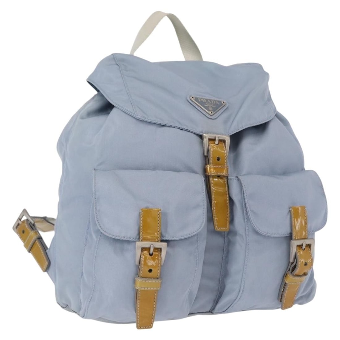 Prada Vela Blue Nylon Backpack with Double Front Pockets and Saffiano Leather: Prada Vela Blue Nylon Backpack with Double Front Pockets and Saffiano Leather This Prada Vela Double Front Pocket Backpack features a blue nylon exterior with Saffiano leather accents. Designed for wo