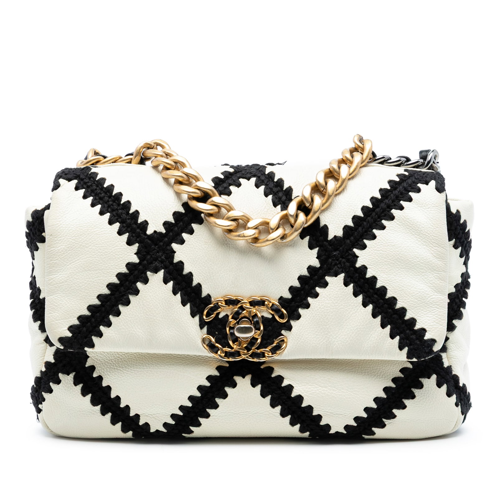 Chanel 19 Medium Flap Bag in Quilted Calfskin with Crochet Detailing: Chanel 19 Medium Flap Bag in Quilted Calfskin with Crochet Detailing This Chanel Medium 19 Flap bag showcases a quilted calf leather body with distinctive crochet stitching details. It features a curb