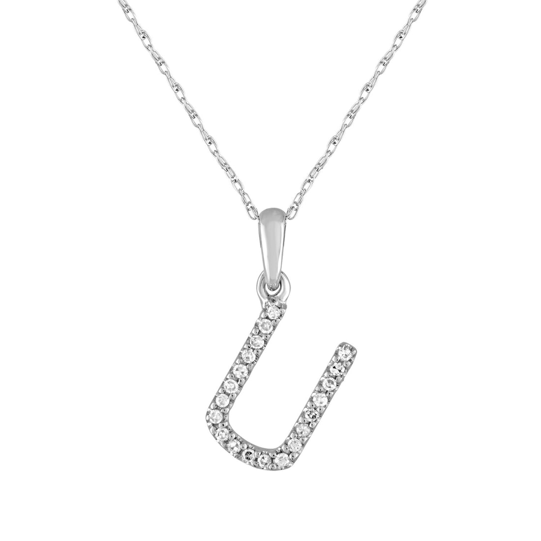 Diamond U Initial Pendant Necklace in 14k White Gold: Diamond U Initial Pendant Necklace in 14k White Gold This 14k white gold necklace features a round pendant adorned with white diamonds forming the initial 'U'. The necklace has a total diamond weight