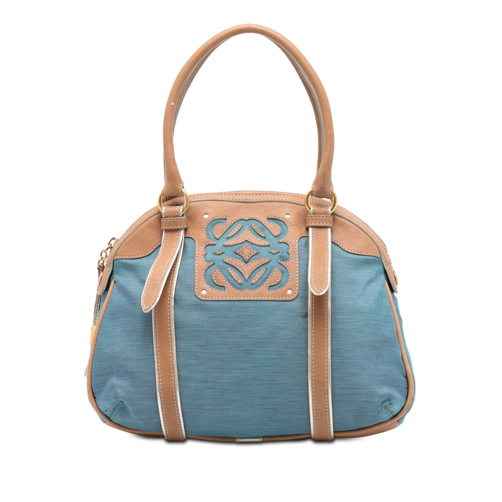 Loewe Anagram Jacquard Fabric Top Handle Handbag with Leather Accents: Loewe Anagram Jacquard Fabric Top Handle Handbag with Leather Accents This LOEWE Anagram Jacquard Top Handle Bag features a fabric jacquard body with leather trim and rolled leather handles. It is des