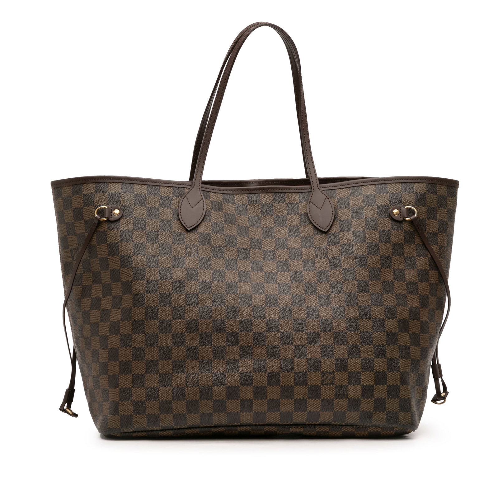 Louis Vuitton Neverfull GM Tote in Damier Ebene Brown Canvas with Leather Trim: Louis Vuitton Neverfull GM Tote in Damier Ebene Brown Canvas with Leather Trim The Louis Vuitton Damier Ebene Neverfull GM is crafted from Damier canvas with leather trim and features flat leather sho