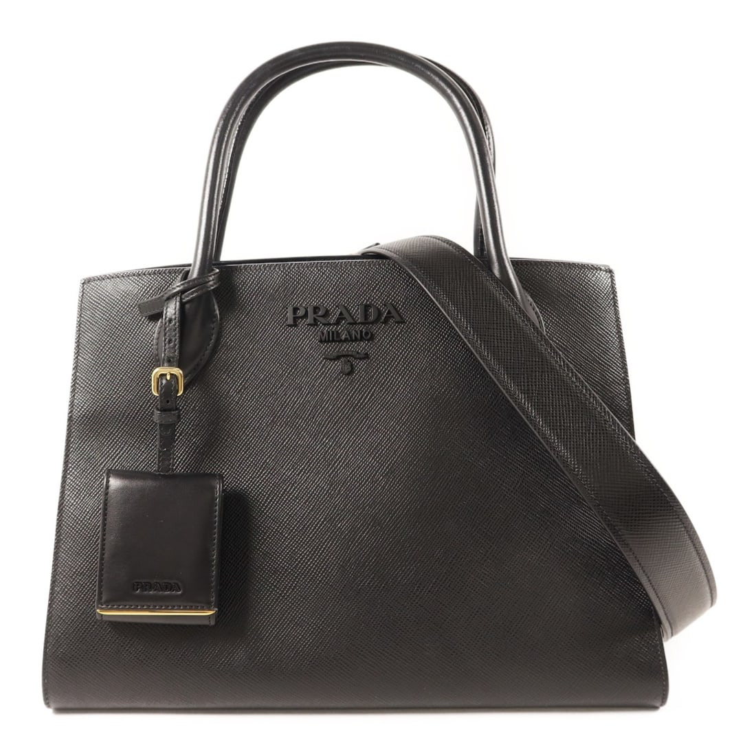 Prada Black Calfskin 1BA155 Shoulder Bag with Gold Hardware: Prada Black Calfskin 1BA155 Shoulder Bag with Gold Hardware This PRADA 2-way shoulder bag is crafted from black calfskin leather and features gold-tone hardware. The bag offers versatile carrying opti