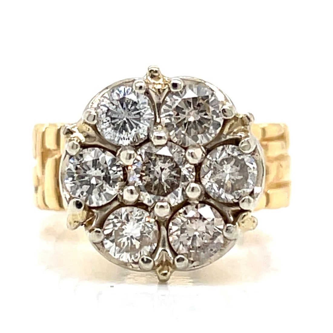 Diamond Ring with 2.00 Carat Total in 14K Yellow Gold Size 6: Diamond Ring with 2.00 Carat Total in 14K Yellow Gold Size 6 This elegant ring features 2.00 carats of diamonds set in 14K yellow gold. The ring is adorned with 7 diamonds of K-L color and SI2-SI3 cla