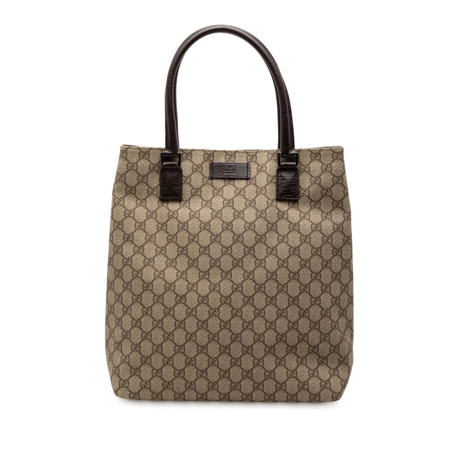 Brown GG Supreme Coated Canvas Tote Bag by Gucci with Leather Handles: Brown GG Supreme Coated Canvas Tote Bag by Gucci with Leather Handles This Gucci GG Supreme Tote features a coated canvas body with rolled leather straps, an open top with a magnetic closure, and inte