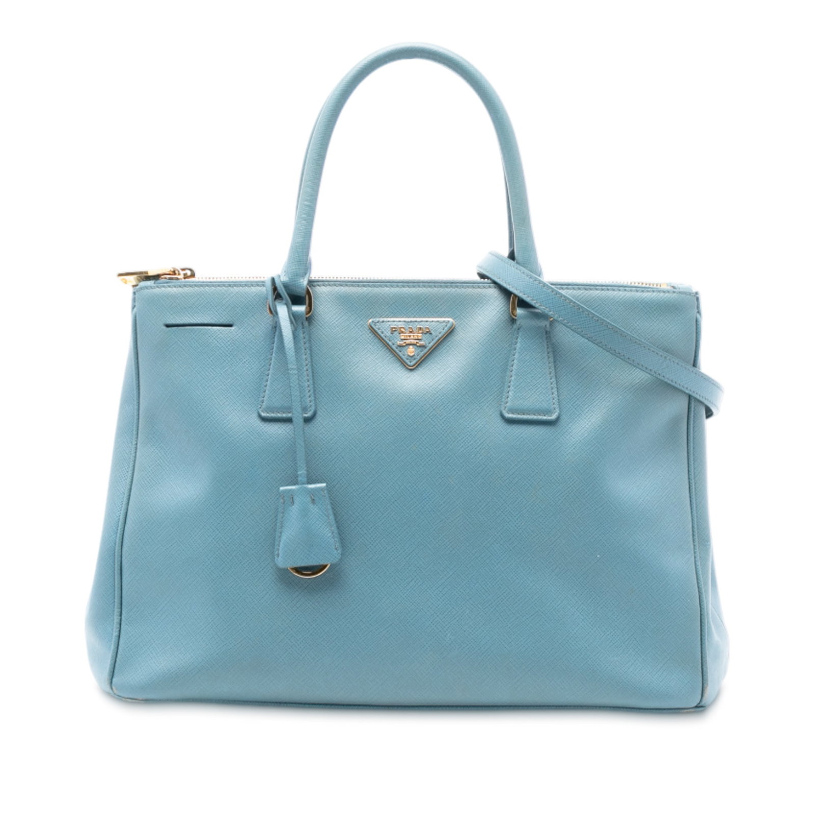 Prada Galleria Blue Saffiano Leather Medium Double Zip Handbag: Prada Galleria Blue Saffiano Leather Medium Double Zip Handbag This Prada Medium Saffiano Lux Galleria Double Zip Satchel is crafted from saffiano leather in blue and features rolled leather handles, 