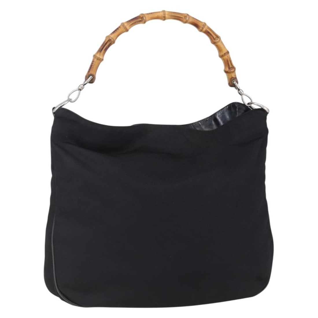 Gucci Black Nylon Hobo Bag with Bamboo Handle Vintage Style: Gucci Black Nylon Hobo Bag with Bamboo Handle Vintage Style This pre-owned Gucci Vintage Bamboo Handle Open Hobo is a women's handbag crafted from black nylon. It features a bamboo handle and an open-