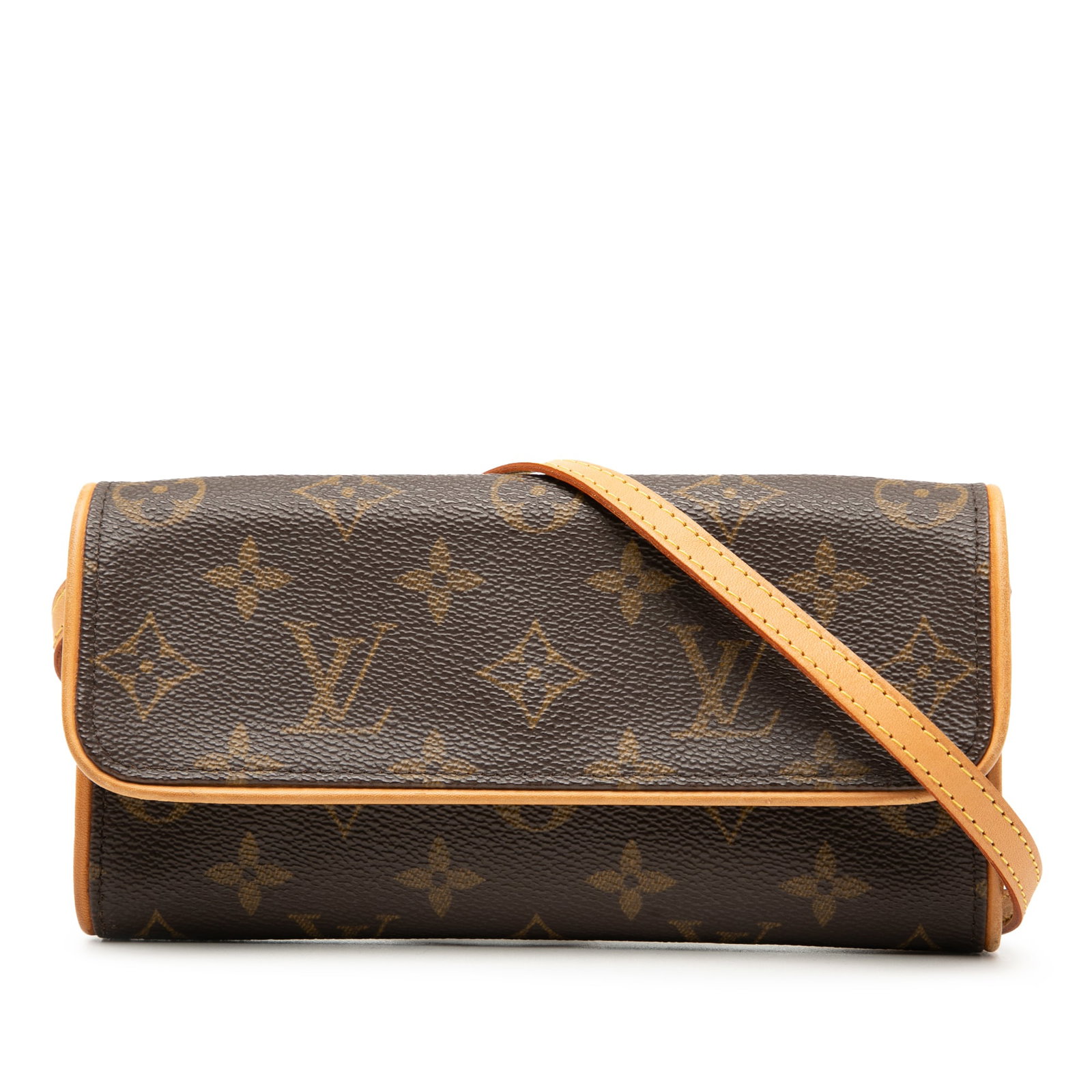 Louis Vuitton Twin PM Monogram Canvas Shoulder Bag with Vachetta Leather Trim: Louis Vuitton Twin PM Monogram Canvas Shoulder Bag with Vachetta Leather Trim The Louis Vuitton Monogram Pochette Twin PM features a monogram canvas exterior with vachetta leather trim and a flat vach