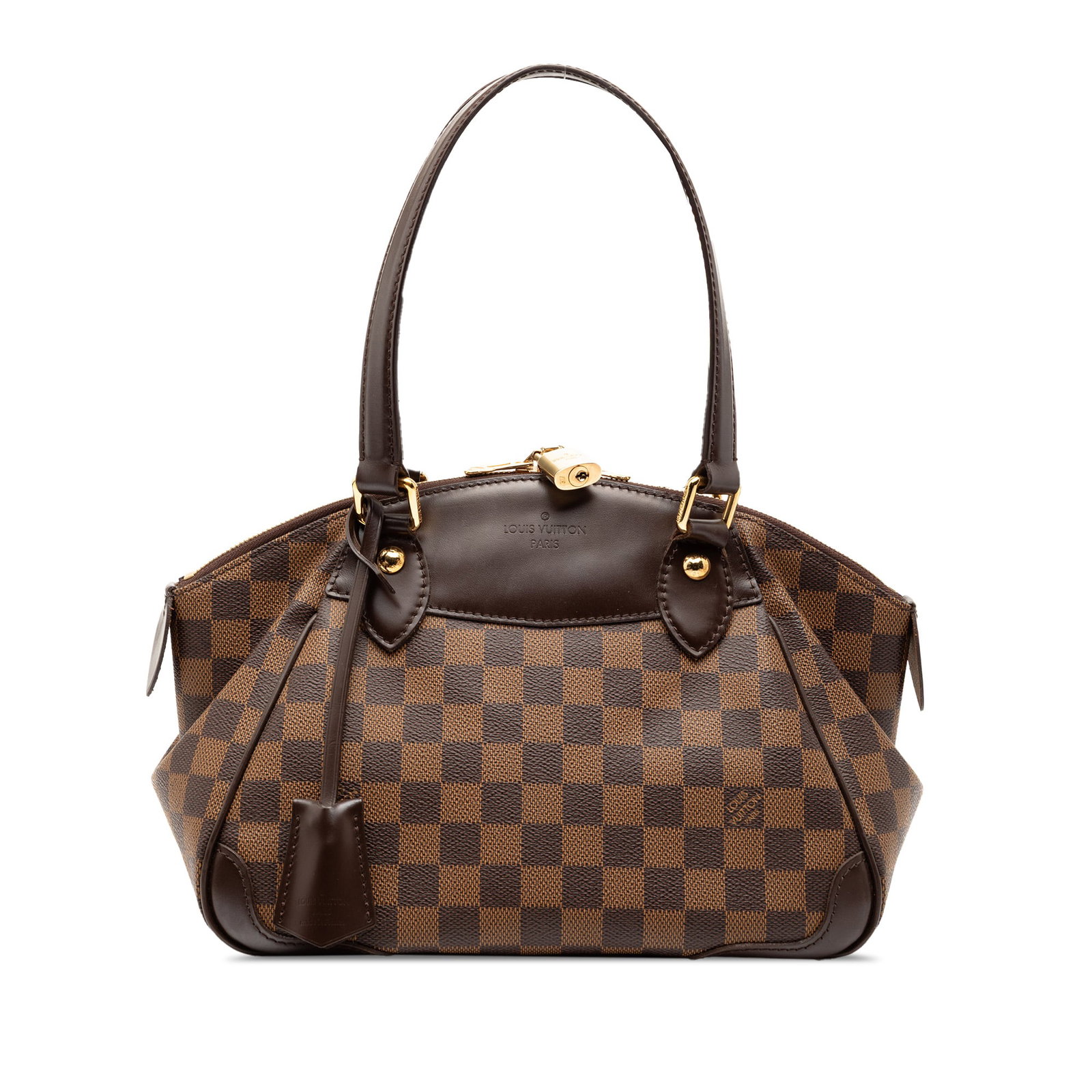 Damier Ebene Verona PM handbag with leather trim by Louis Vuitton: Damier Ebene Verona PM handbag with leather trim by Louis Vuitton This Louis Vuitton Damier Ebene Verona PM features a damier ebene canvas body with leather trim, a clochette, flat leather handles, a