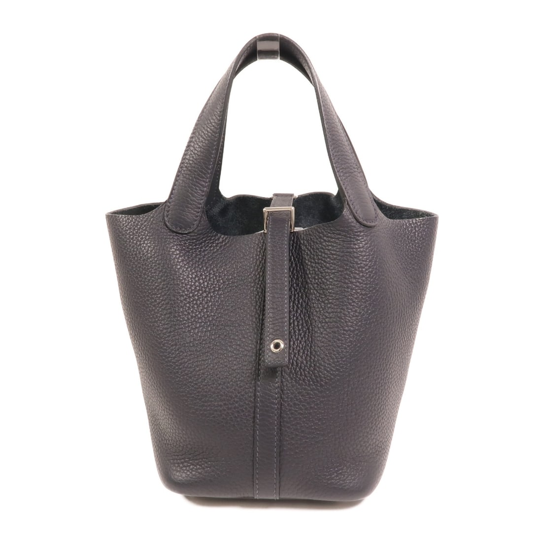 Picotin PM Navy Calfskin Tote with Palladium Hardware by Hermes: Picotin PM Navy Calfskin Tote with Palladium Hardware by Hermes This Hermes Picotin PM tote bag is crafted from Taurillon Clemence calfskin leather in a sophisticated navy hue. Featuring a minimalist