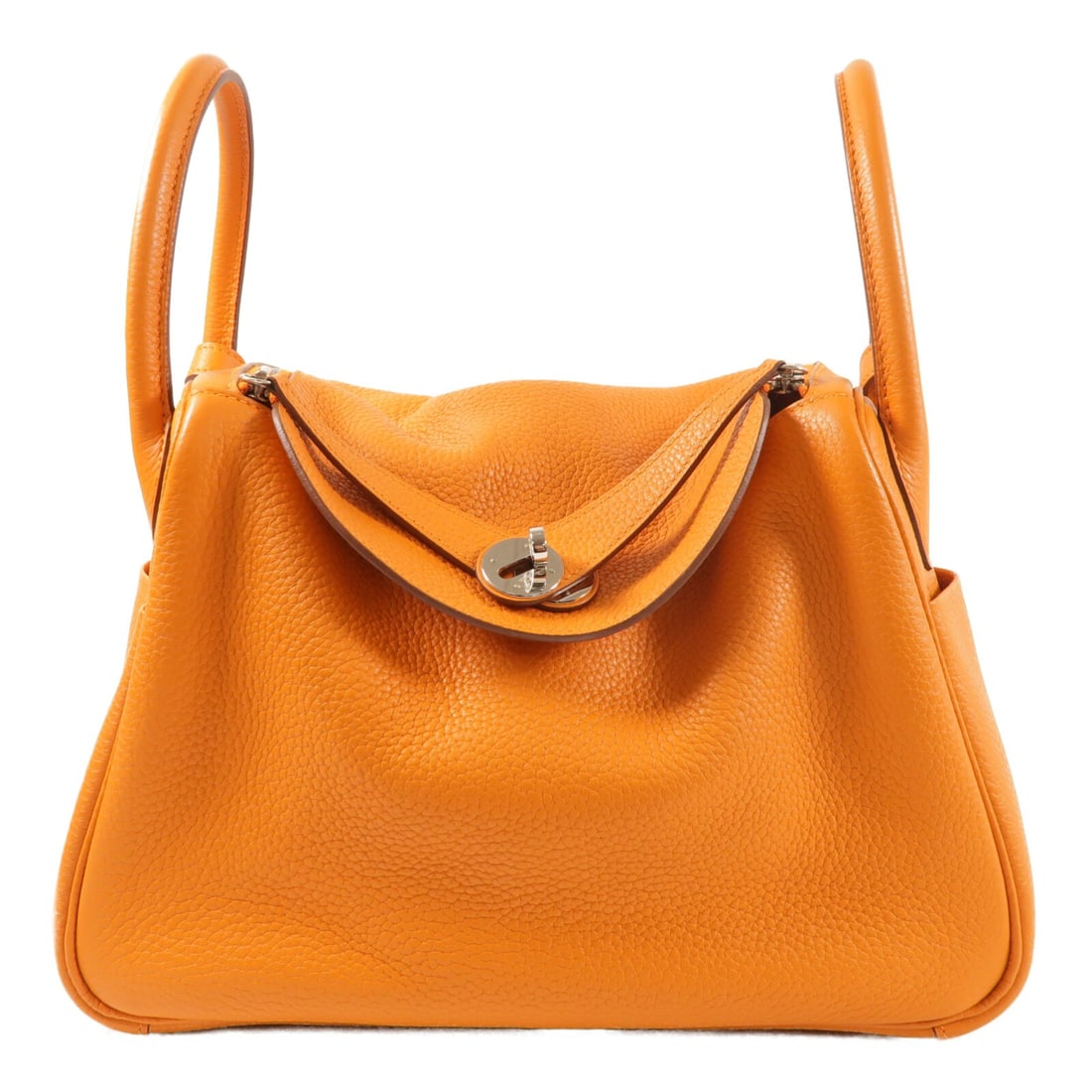 Hermes Lindy 30 Orange Clemence Leather Shoulder Bag with Palladium Hardware: Hermes Lindy 30 Orange Clemence Leather Shoulder Bag with Palladium Hardware This Hermes Lindy 30 is a versatile two-way shoulder bag crafted from Taurillon Clemence calfskin leather in an orange colo