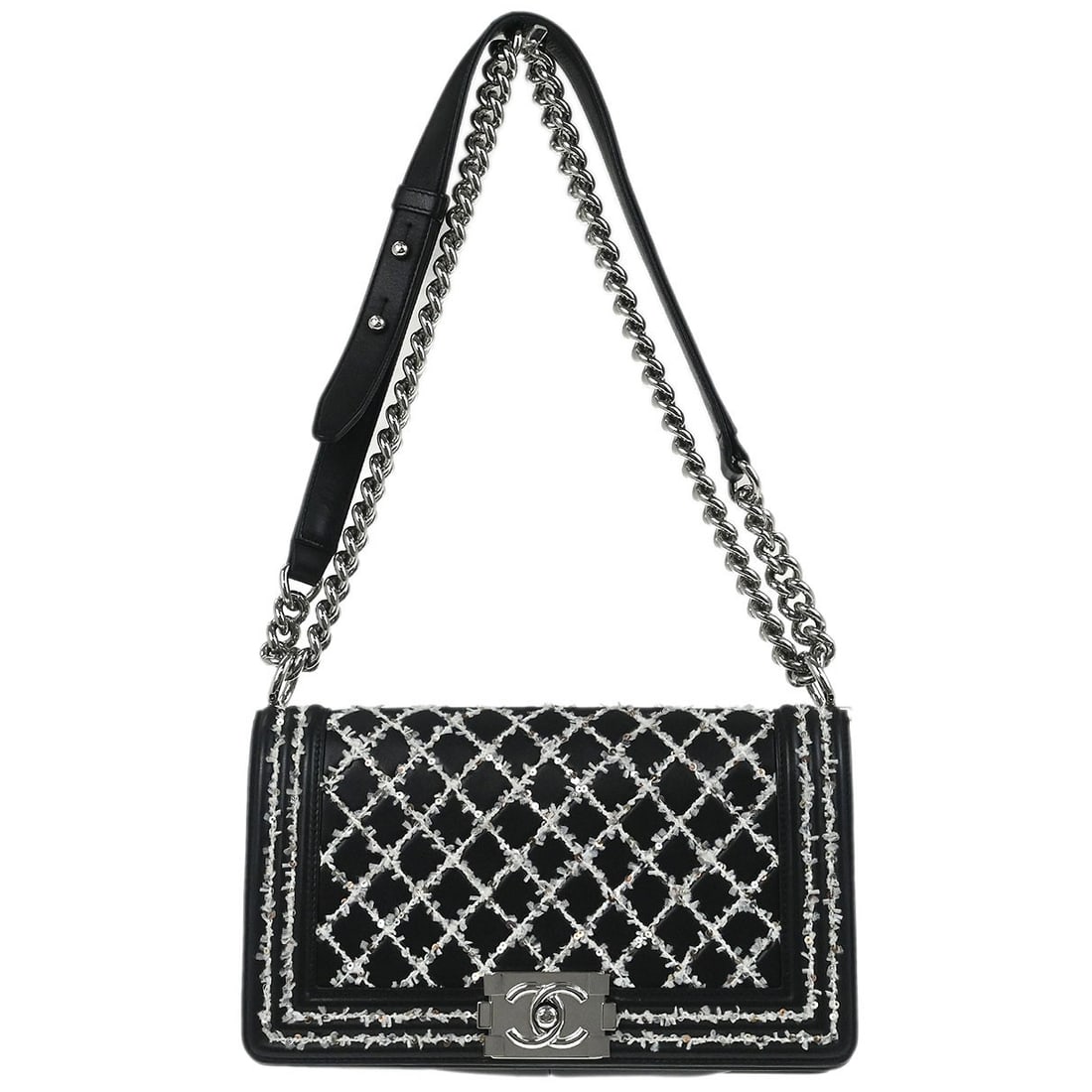 Chanel Boy Medium Black Lambskin Shoulder Bag with Sequins: Chanel Boy Medium Black Lambskin Shoulder Bag with Sequins This Chanel Boy Medium Shoulder Bag features a square silhouette crafted from black lambskin leather with sequin accents. It includes a silve
