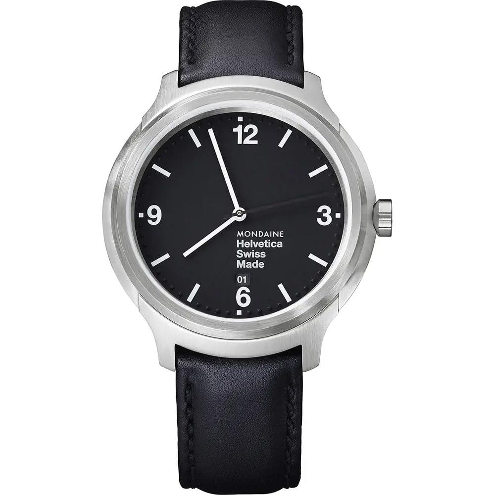 Helvetica No1 Bold 43mm Quartz Men's Watch Black Dial Steel Case: Helvetica No1 Bold 43mm Quartz Men's Watch Black Dial Steel Case The Mondaine Helvetica No1 Bold is a men's wristwatch featuring a 43 mm brushed stainless steel case paired with a black leather