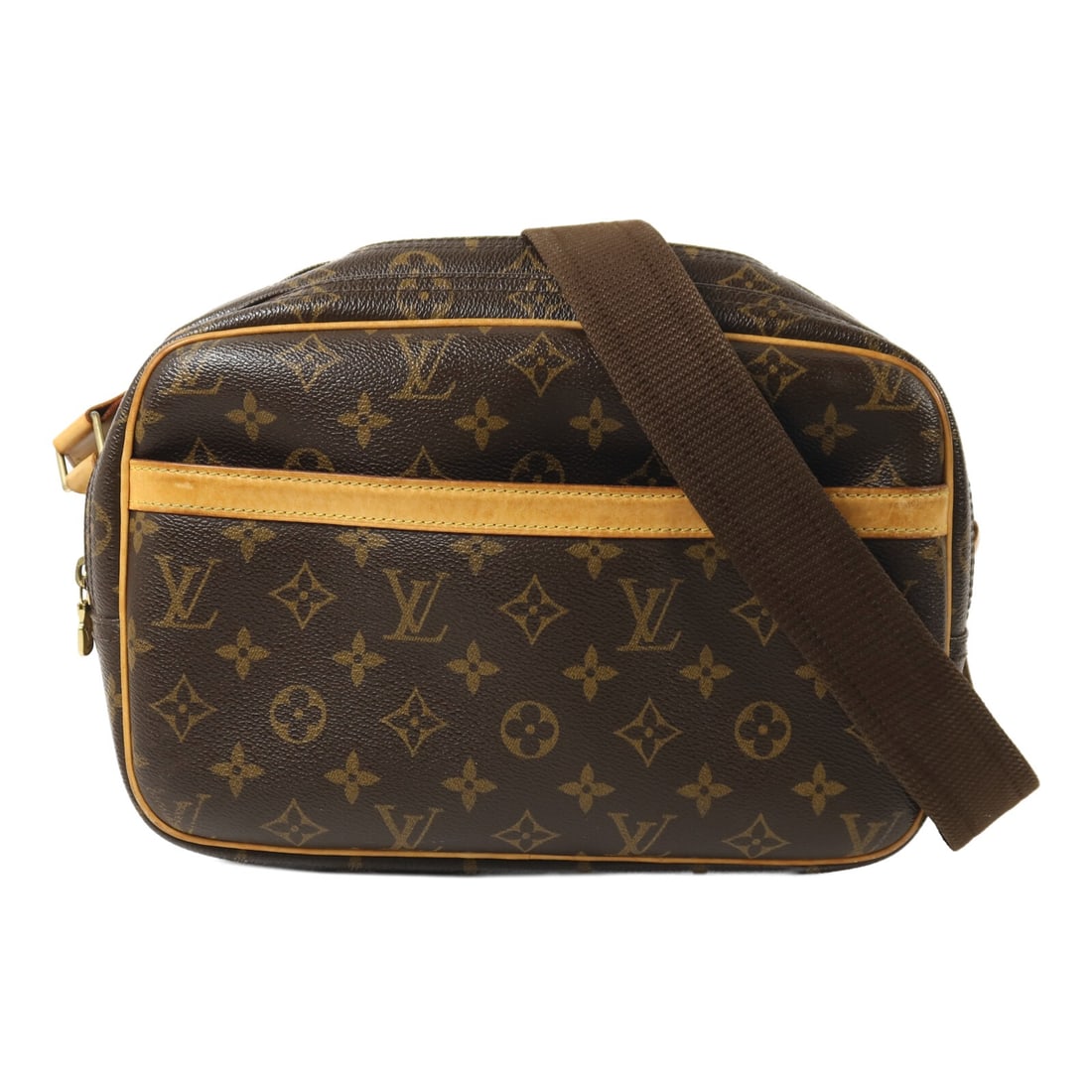 Louis Vuitton Reporter PM Monogram Shoulder Bag with Gold Hardware Brown: Louis Vuitton Reporter PM Monogram Shoulder Bag with Gold Hardware Brown This Louis Vuitton Reporter PM shoulder bag features the signature Monogram brown PVC coated canvas. It is designed for women