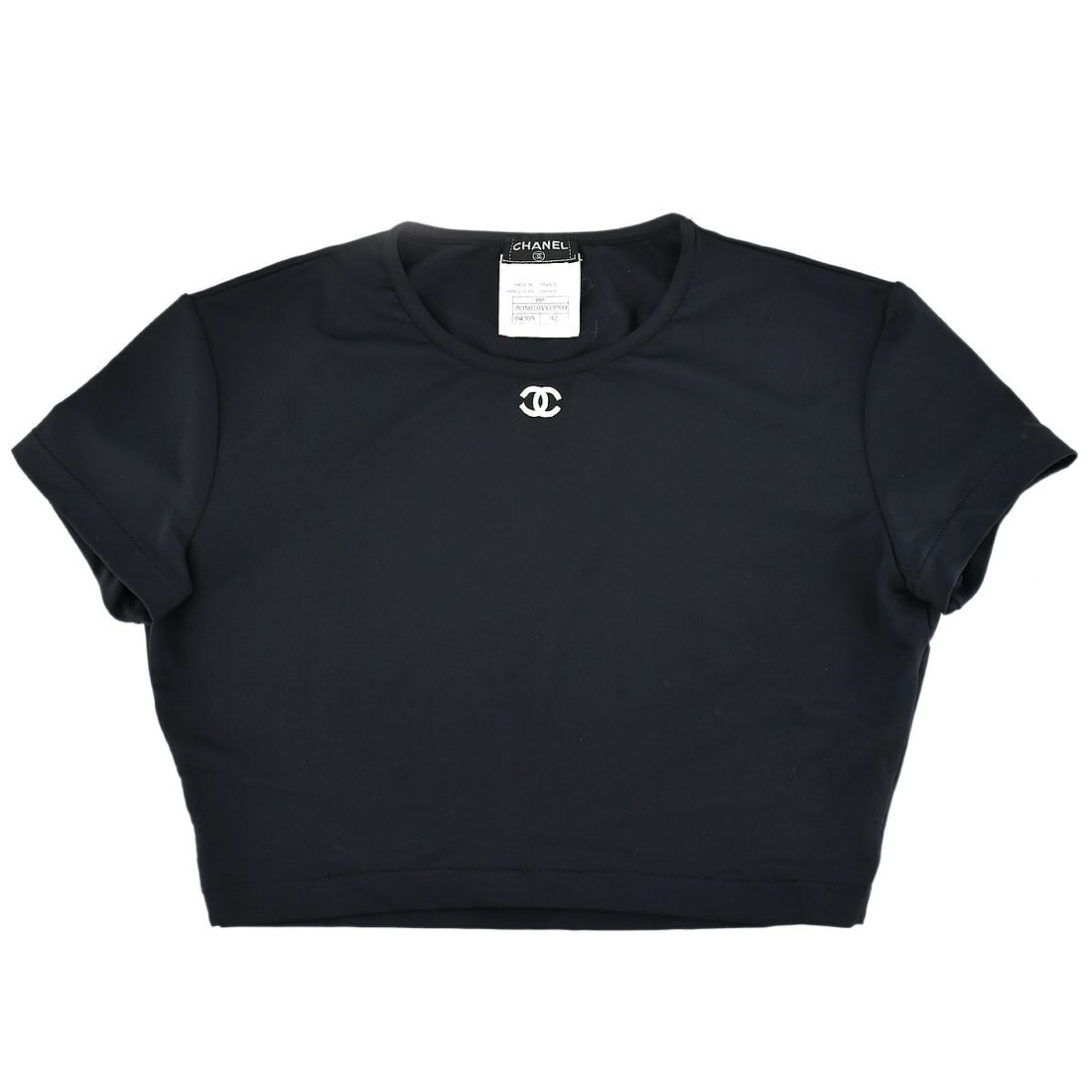 Chanel Black Cropped T-Shirt Size 42 Casual Style: Chanel Black Cropped T-Shirt Size 42 Casual Style Elevate your casual wardrobe with this stylish Chanel Cropped T-shirt. Crafted in France, this black T-shirt features a comfortable round neckline and