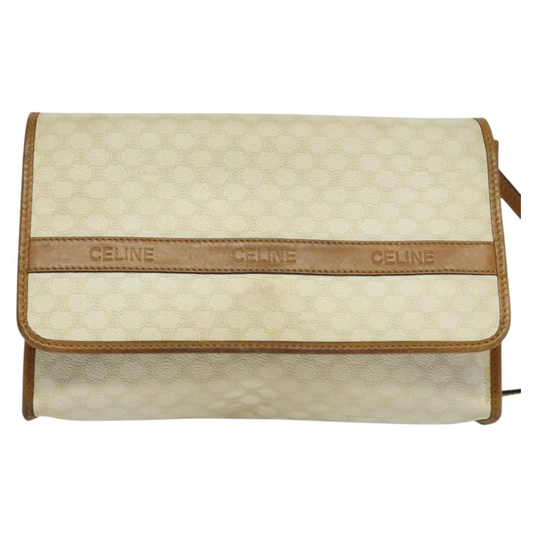 Celine Macadam Canvas Shoulder Bag with Leather Trim White Vintage: Celine Macadam Canvas Shoulder Bag with Leather Trim White Vintage This Celine Vintage Macadam Shoulder Bag is crafted from canvas with leather accents in white. Designed for women, it features a clas