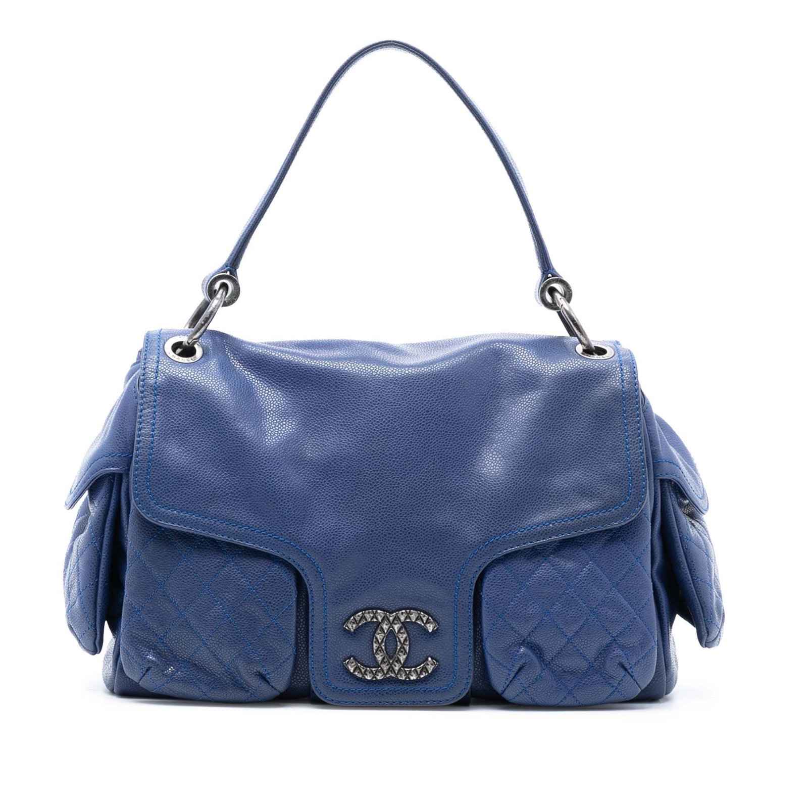 Chanel Blue Glazed Caviar Leather Coco Rider Flap Shoulder Bag with Multiple Pockets: Chanel Blue Glazed Caviar Leather Coco Rider Flap Shoulder Bag with Multiple Pockets This Chanel shoulder bag showcases a blue glazed caviar leather body with a flat leather shoulder strap. It feature