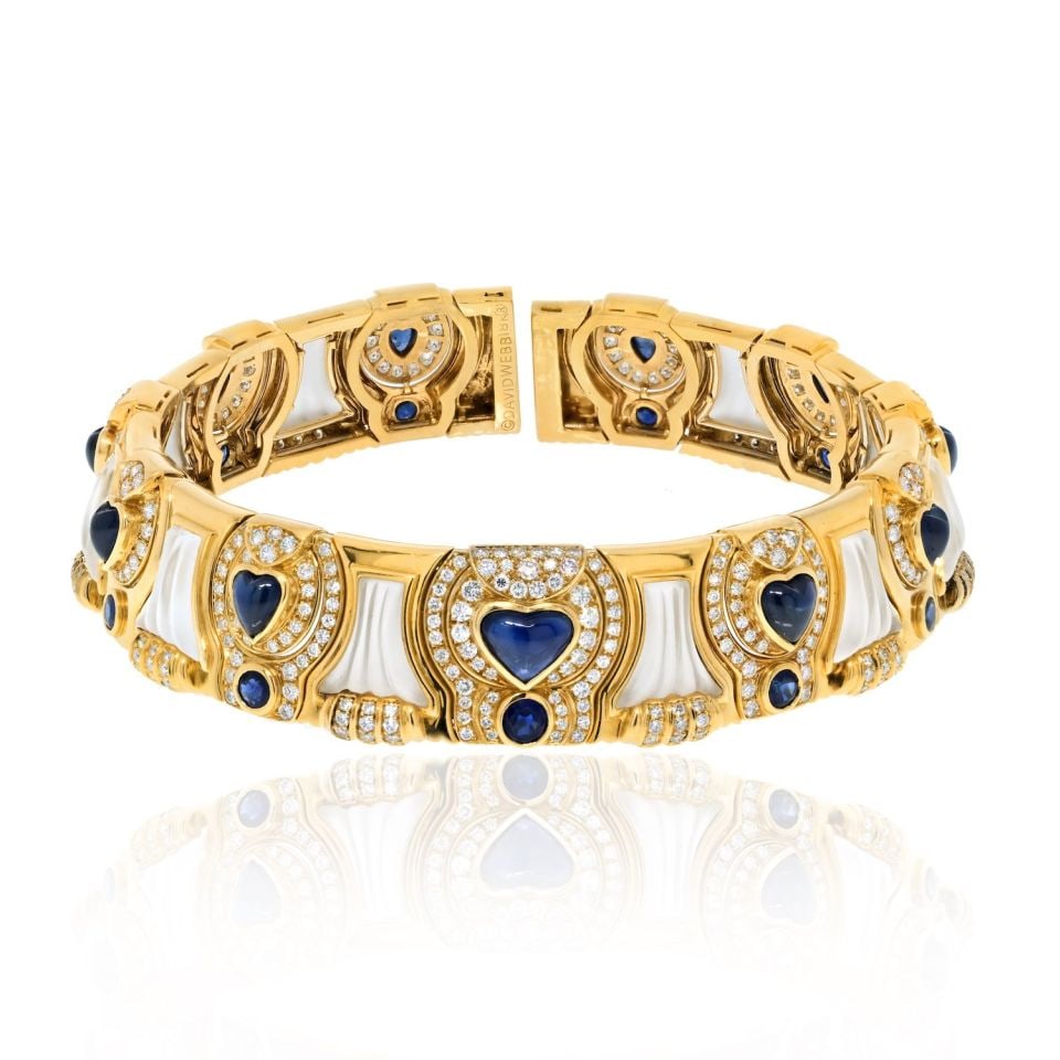 David Webb Platinum 18K Gold Diamond Sapphire Rock Crystal Choker Necklace: David Webb Platinum 18K Gold Diamond Sapphire Rock Crystal Choker Necklace Indulge in the mesmerizing allure of this David Webb Platinum & 18K Yellow Gold Diamond Sapphire Rock Crystal Choker Necklace