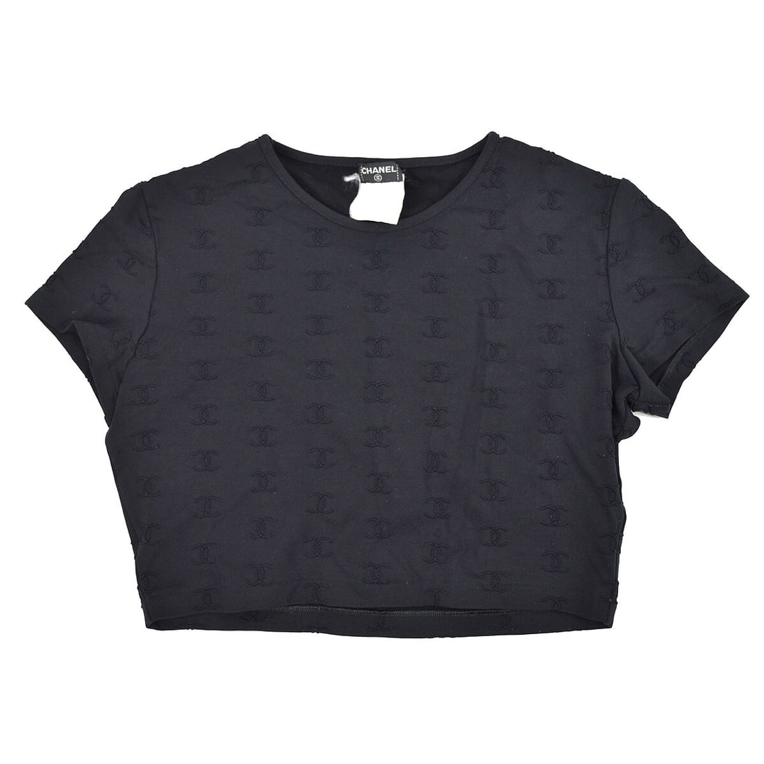 Chanel Black Round Neck Short Sleeve Top Casual T-Shirt: Chanel Black Round Neck Short Sleeve Top Casual T-Shirt This stylish Chanel round neck short sleeve top in classic black is perfect for casual occasions. Made from a comfortable blend of 90.1% nylon a