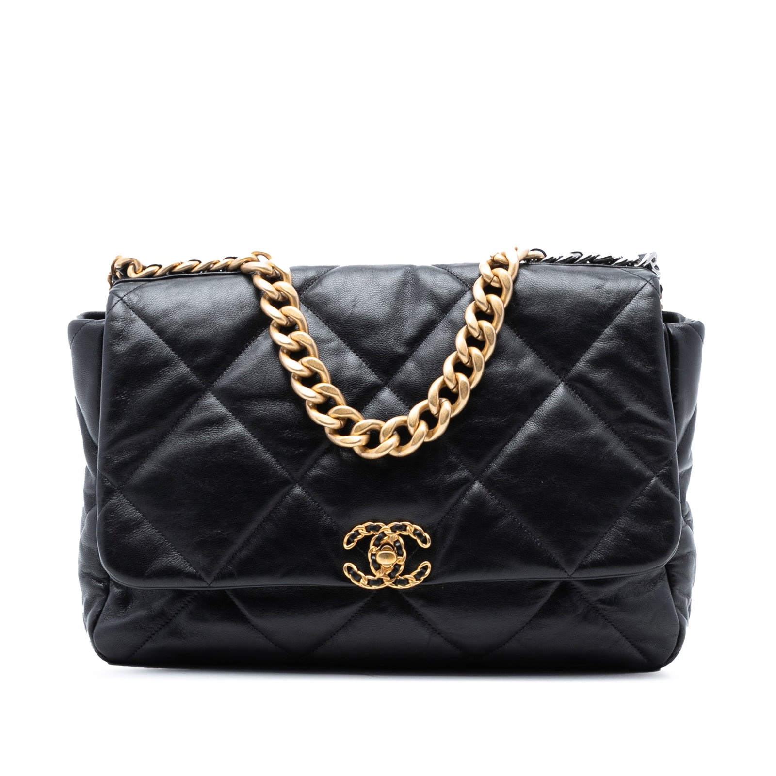 Quilted Black Chanel Maxi 19 Flap Lambskin Shoulder Bag with Gold Chain: Quilted Black Chanel Maxi 19 Flap Lambskin Shoulder Bag with Gold Chain This Chanel Maxi Lambskin 19 Flap bag features a quilted lambskin leather body in black, a gold-tone chain handle, a leather-wov