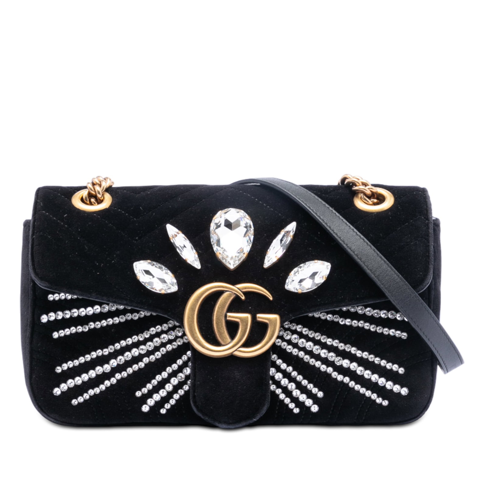 Black Velvet GG Marmont Medium Bag with Crystals by Gucci: Black Velvet GG Marmont Medium Bag with Crystals by Gucci This Gucci Medium GG Marmont Matelasse shoulder bag features a quilted velvet body adorned with crystal embellishments. It includes a chain li