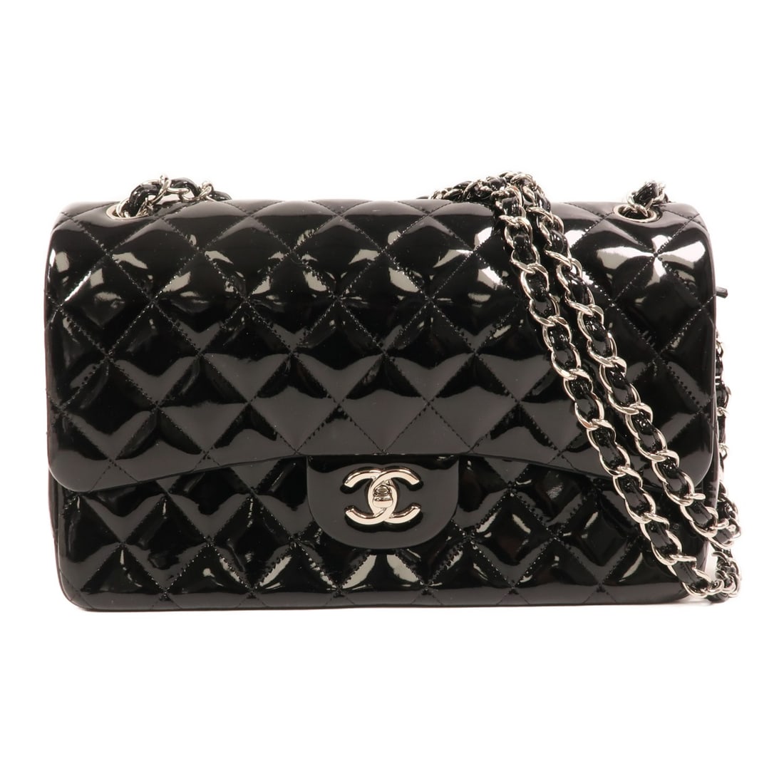 Chanel Classic Black Patent Leather Shoulder Bag Large CC Silver Hardware: Chanel Classic Black Patent Leather Shoulder Bag Large CC Silver Hardware This CHANEL CC Large Classic Chain Shoulder Bag features black patent leather with silver-tone hardware. Designed for women, i