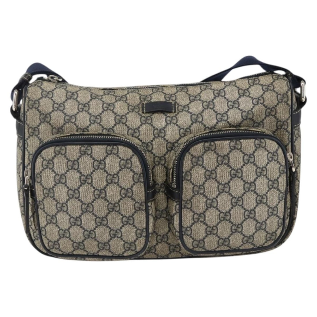 Gucci Navy Canvas Double Pocket Messenger Shoulder Bag: Gucci Navy Canvas Double Pocket Messenger Shoulder Bag This is a Gucci Double Pocket Messenger Bag crafted from GG coated canvas in navy, designed for women. It features dual exterior pockets, a shoul