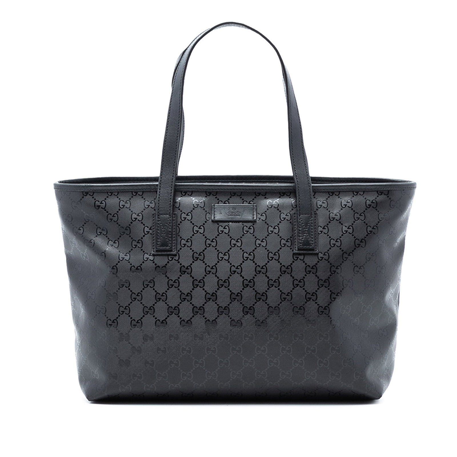 Black GG Imprime Medium Tote Bag with Leather Trim by Gucci: Black GG Imprime Medium Tote Bag with Leather Trim by Gucci This Gucci Medium GG Imprime Tote features a coated canvas body with leather trim, flat leather straps, a top zip closure, and interior slip