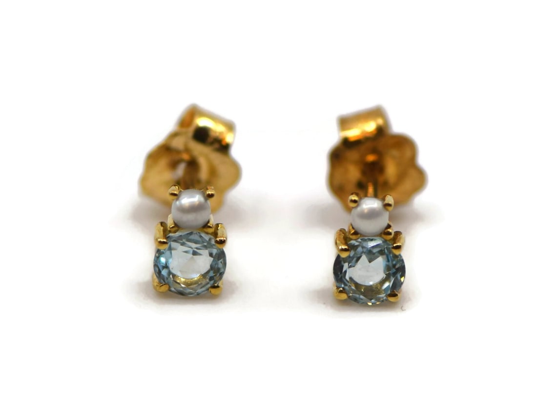 Tous Aquamarine Pearl 18K Yellow Gold Stud Earrings Authentic with Box (1 of 3)