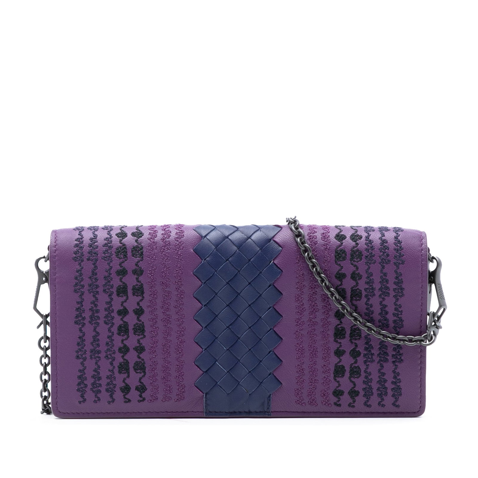 Bottega Veneta Purple Leather Embroidered Crossbody Wallet with Chain Strap: Bottega Veneta Purple Leather Embroidered Crossbody Wallet with Chain Strap This Bottega Veneta continental wallet on chain features a nappa leather body with woven trim and embroidered details. It in