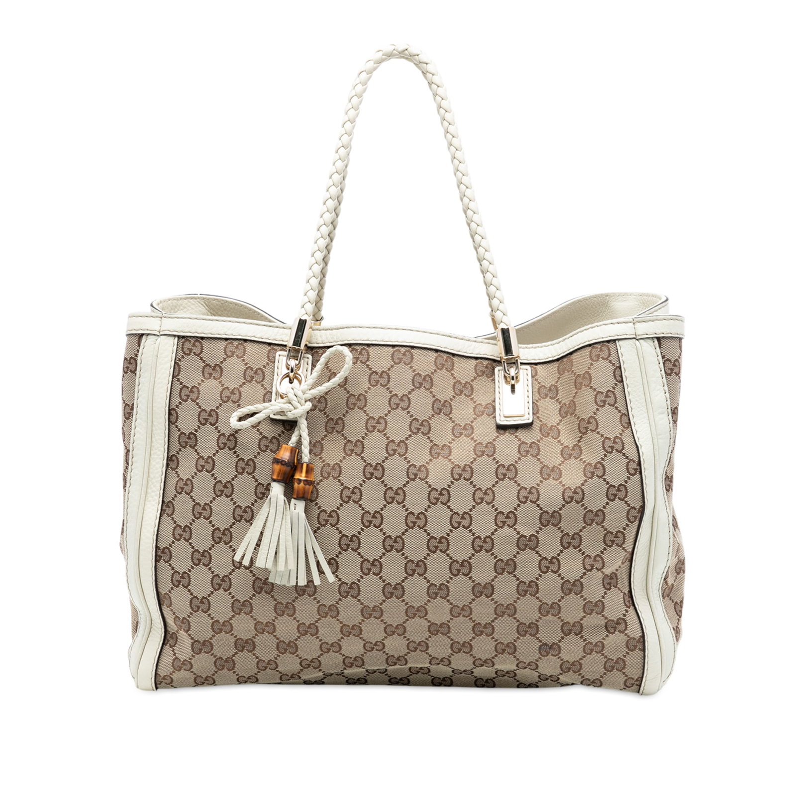 Gucci Bella Tote Medium Brown Canvas Bag with Leather Trim: Gucci Bella Tote Medium Brown Canvas Bag with Leather Trim This Gucci Medium GG Canvas Bella Tote features a canvas body with leather trim, braided leather straps, an open top with clasp hook closure,