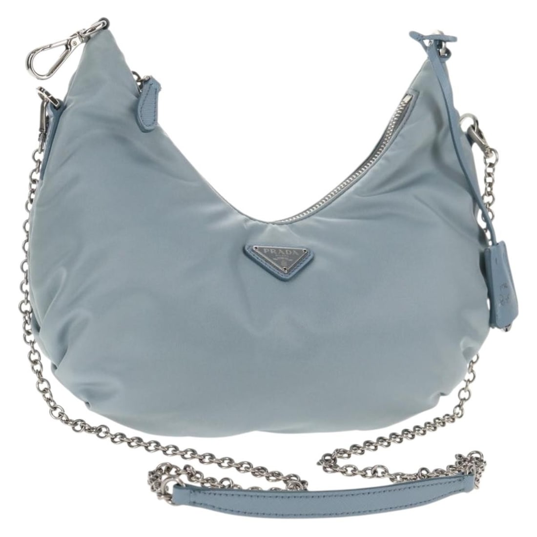 PRADA Light Blue Silver Nylon Chain Shoulder Bag Auth 145974M: PRADA Light Blue Silver Nylon Chain Shoulder Bag Auth 145974M This exquisite PRADA Chain Shoulder Bag is crafted from high-quality nylon and features a stunning light blue and silver color combination