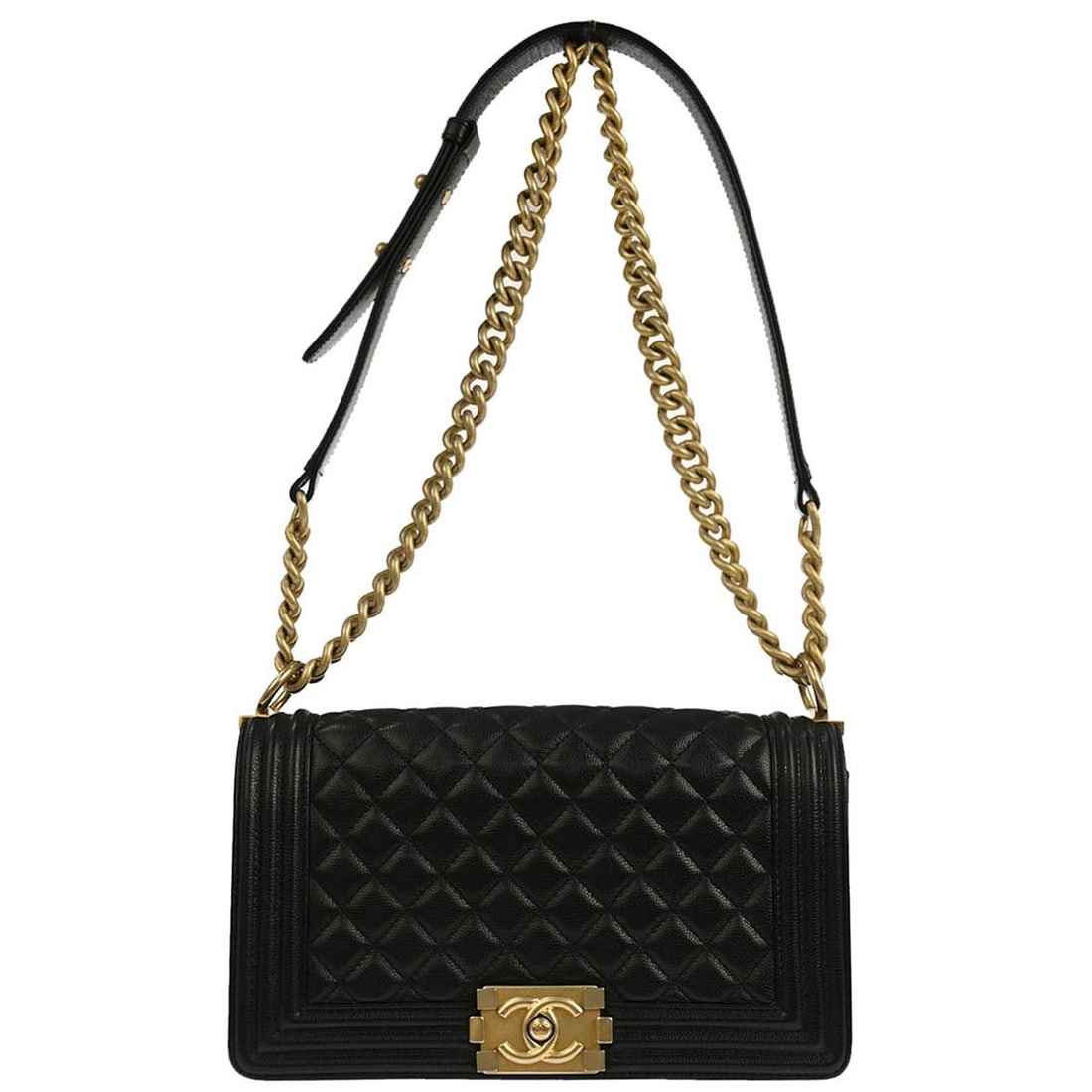 Chanel Boy Medium Black Quilted Leather Shoulder Bag with Chain Strap: Chanel Boy Medium Black Quilted Leather Shoulder Bag with Chain Strap This Chanel Boy medium shoulder bag features black calfskin leather in a square silhouette with quilted accents and a push lock cl