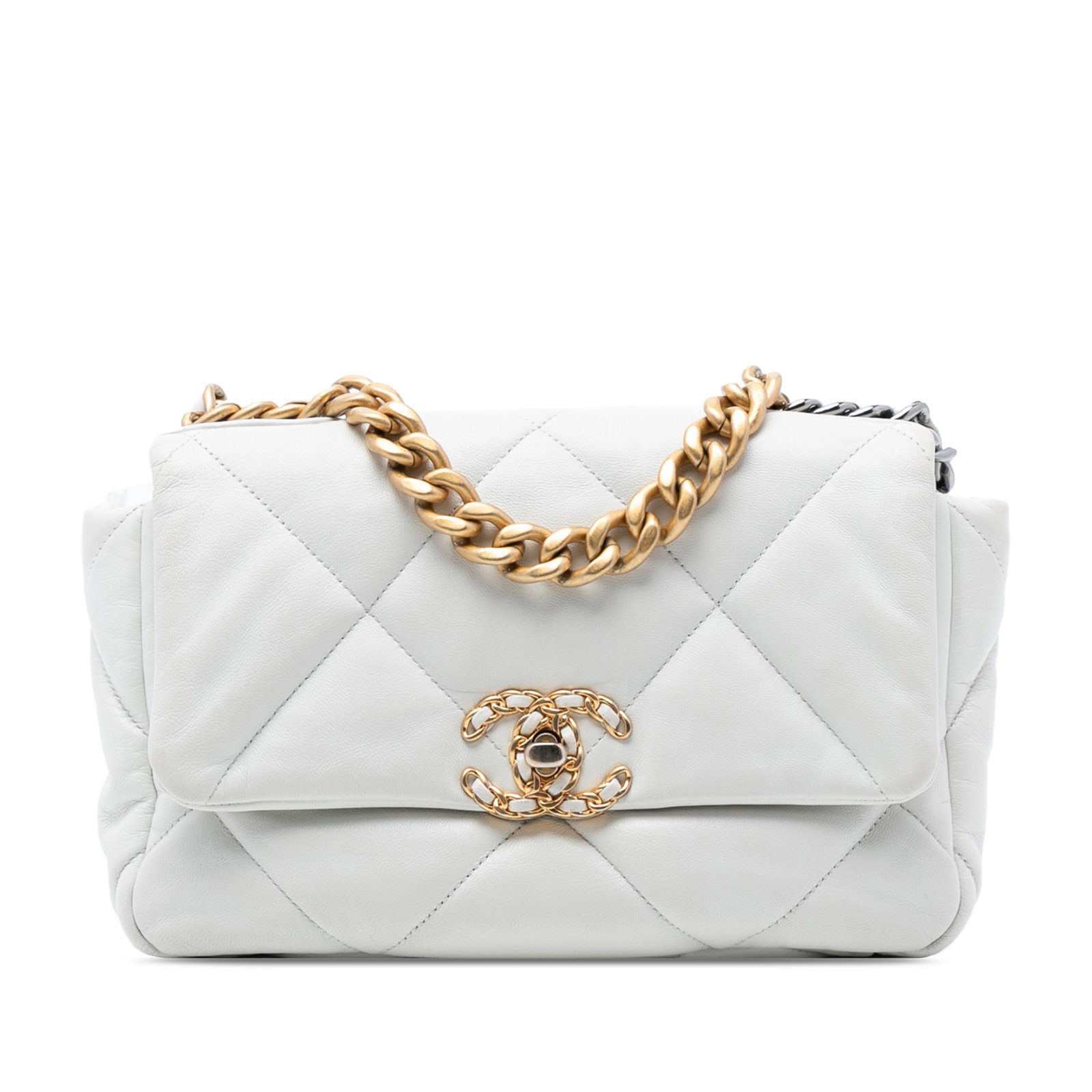Chanel 19 Quilted White Lambskin Medium Flap Bag with Gold Chain: Chanel 19 Quilted White Lambskin Medium Flap Bag with Gold Chain This Chanel Medium Lambskin 19 Flap bag features a quilted lambskin leather body in white, a gold-tone chain handle, a woven leather ch