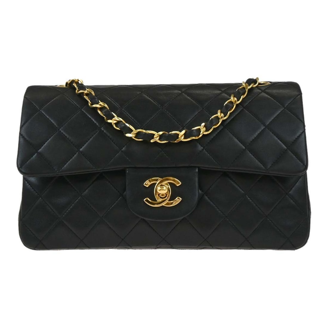 Small Classic Double Flap Black Lambskin Shoulder Bag by Chanel: Small Classic Double Flap Black Lambskin Shoulder Bag by Chanel This Chanel Classic Double Flap shoulder bag is crafted from black lambskin leather and features the signature matelasse pattern. The de