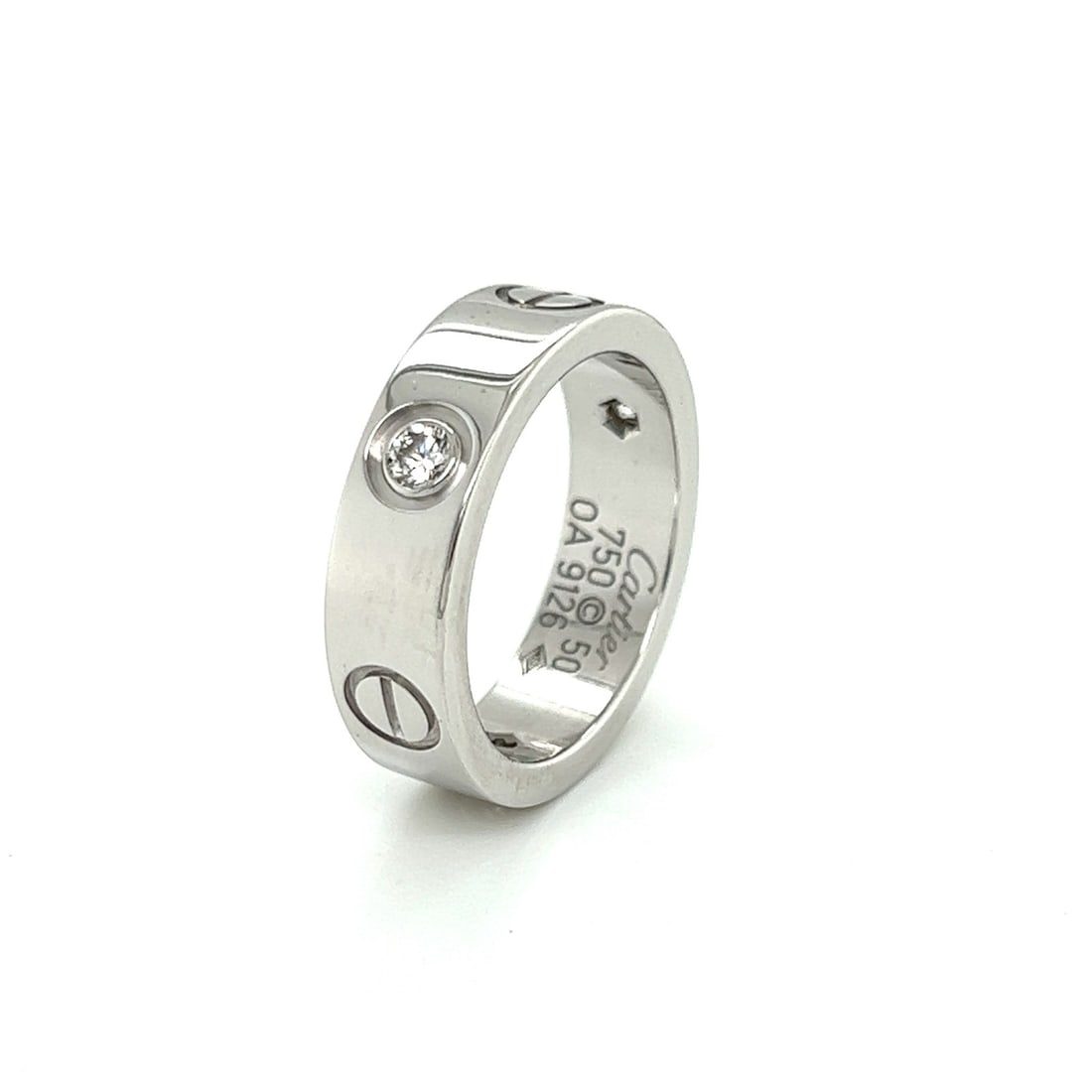 5.5mm 18k White Gold Cartier LOVE Band with 3 Diamonds and Certificate Size 5: 5.5mm 18k White Gold Cartier LOVE Band with 3 Diamonds and Certificate Size 5 This Cartier LOVE band ring is crafted from solid 18k white gold and features three round brilliant-cut natural diamonds t