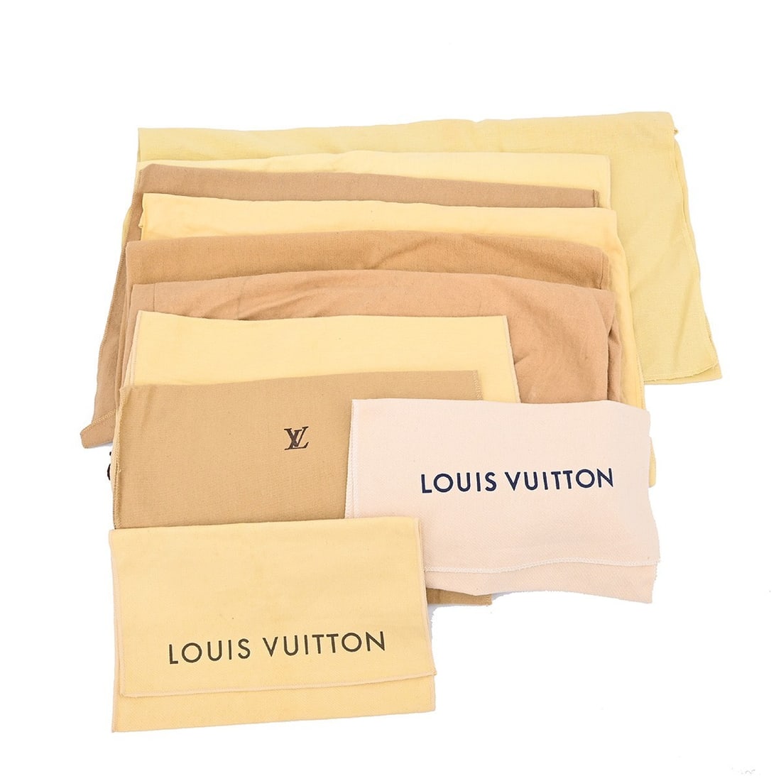 Set of 10 Cotton Brown Dustbags by Louis Vuitton: Set of 10 Cotton Brown Dustbags by Louis Vuitton This is a set of 10 un-used Louis Vuitton dust bags, crafted from 100% cotton in brown and beige. Designed for unisex use, these dust bags are suitable