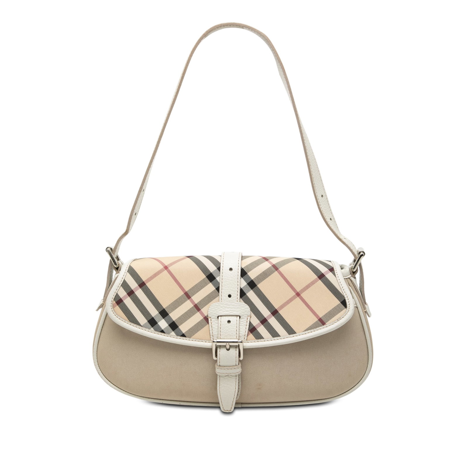 Burberry Canvas Shoulder Bag with Nova Check and Leather Accents: Burberry Canvas Shoulder Bag with Nova Check and Leather Accents This Burberry Nova Check Trimmed Canvas Shoulder Bag features a canvas body with leather trim, a flat leather strap, a top flap with bu