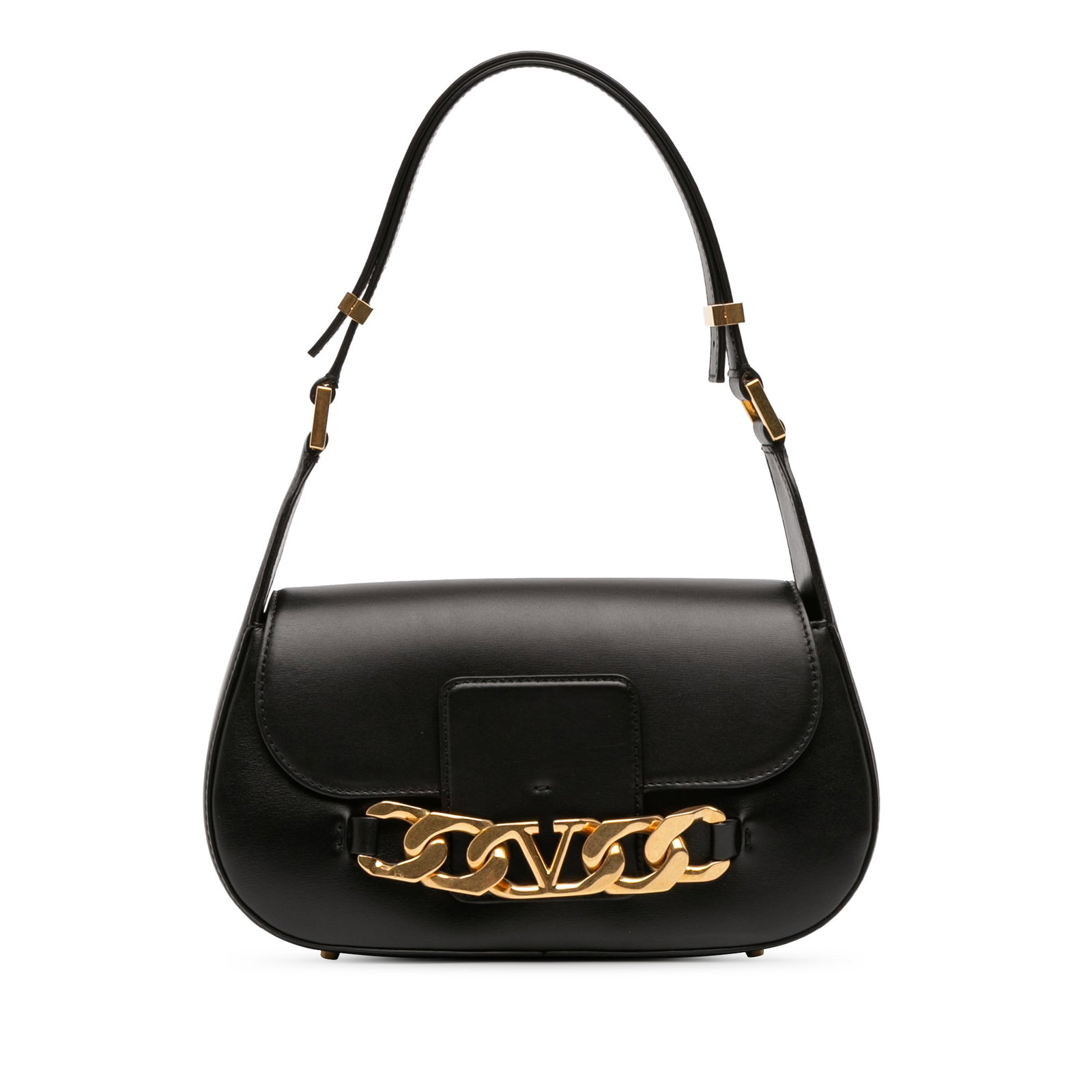 Valentino Vlogo Black Leather Shoulder Bag with Chain Accents Medium: Valentino Vlogo Black Leather Shoulder Bag with Chain Accents Medium This Valentino Medium Leather Vlogo Chain Shoulder Bag features a black leather body with an adjustable flat strap. The design incl