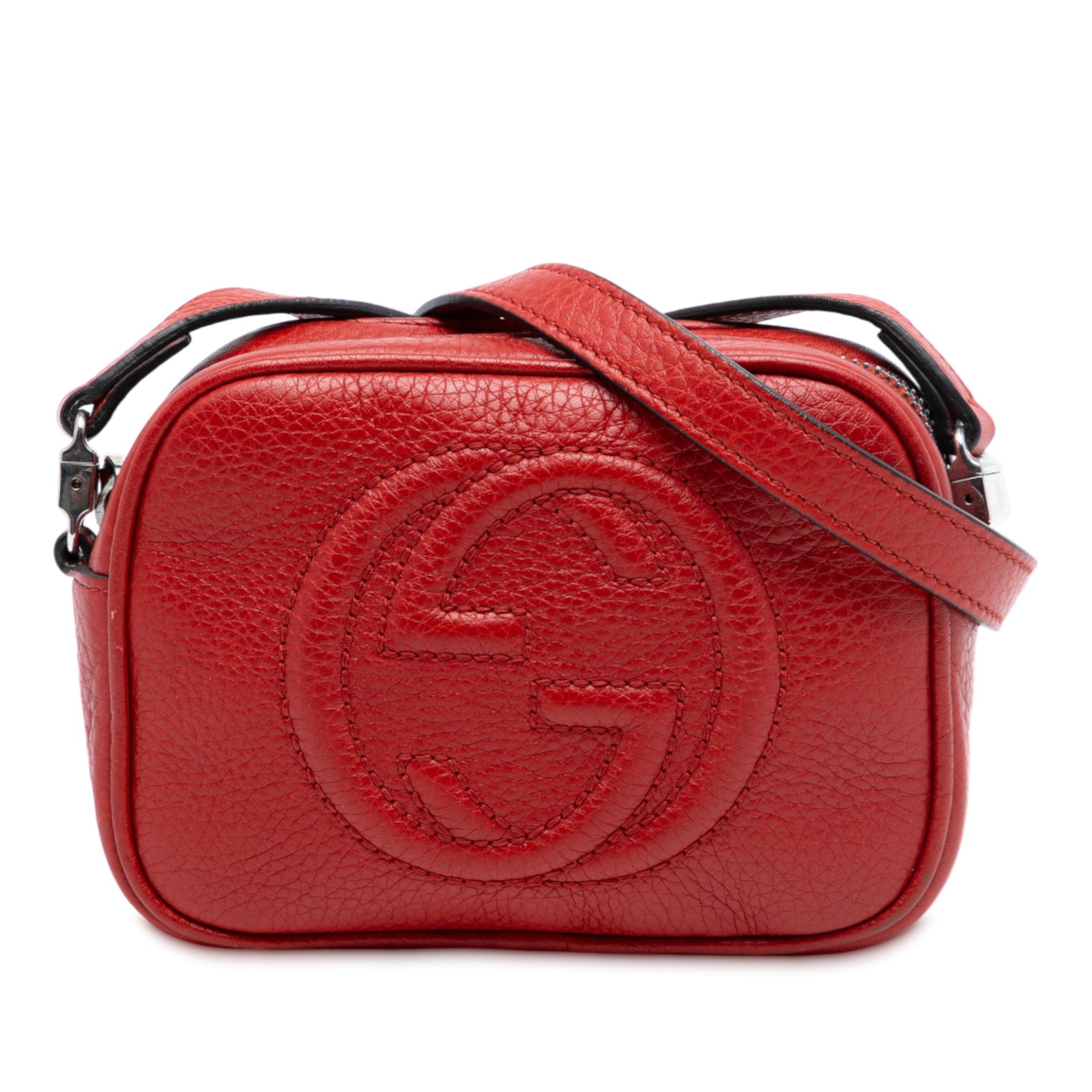 Gucci Soho Disco Mini Kids Leather Crossbody Bag in Red: Gucci Soho Disco Mini Kids Leather Crossbody Bag in Red This Gucci Kids Mini Leather Soho Disco Crossbody bag features a red leather body, a flat leather strap, a top zip closure, and an interior slip