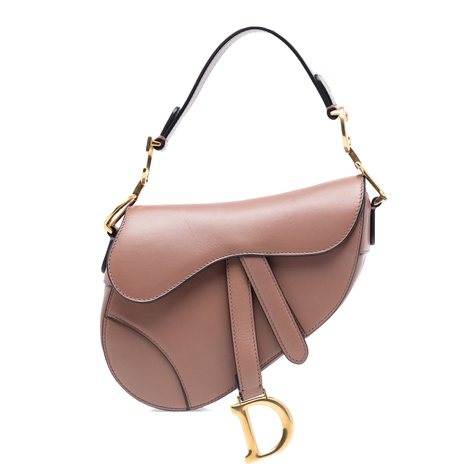 Dior Mini Saddle Bag in Brown Calfskin Leather: Dior Mini Saddle Bag in Brown Calfskin Leather This Dior Mini Smooth Calfskin Saddle Bag features a brown leather body, a flat leather shoulder strap, a front flap with magnetic closure, and an exteri