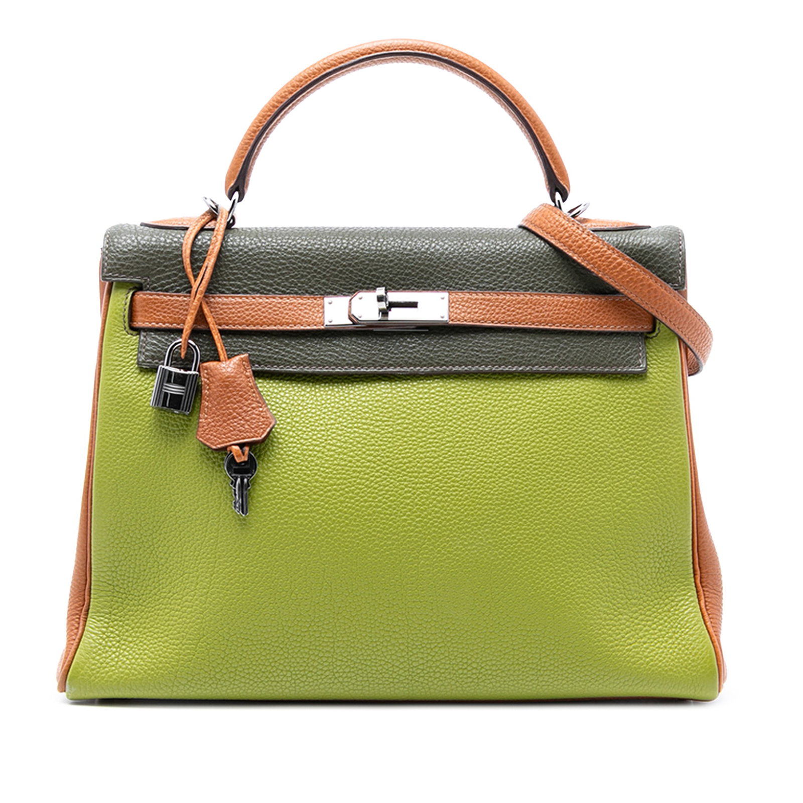 Leather Kelly II Retourne 32 Handbag in Multicolor Togo by Hermes: Leather Kelly II Retourne 32 Handbag in Multicolor Togo by Hermes This Hermes Kelly II Retourne 32 handbag showcases a tricolor Togo leather body in Vert Anis, Vert Olive, and Gold, complemented by a