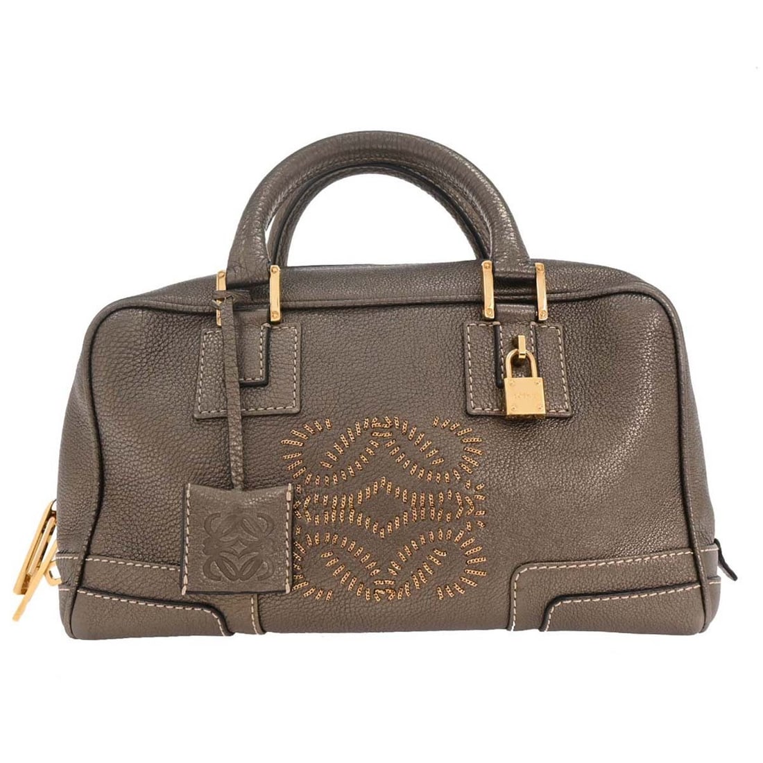 Loewe Amazona 28 Gray Leather Top Handle Handbag: Loewe Amazona 28 Gray Leather Top Handle Handbag Introducing the Loewe Metallic Gray Amazona 28 Handbag, a stylish and versatile accessory perfect for any occasion. This medium-sized top handle bag fe