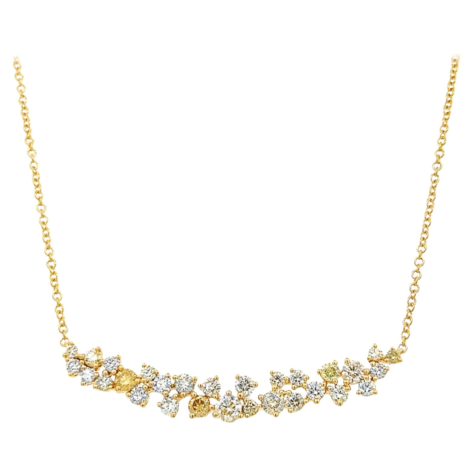 3.68ct Multi Color Diamond Necklace 18k Gold: 3.68ct Multi Color Diamond Necklace 18k Gold This stunning Multi Color Diamond Pendant Necklace features an exquisite design crafted in 18k yellow gold. It showcases 29 round brilliant diamonds totali